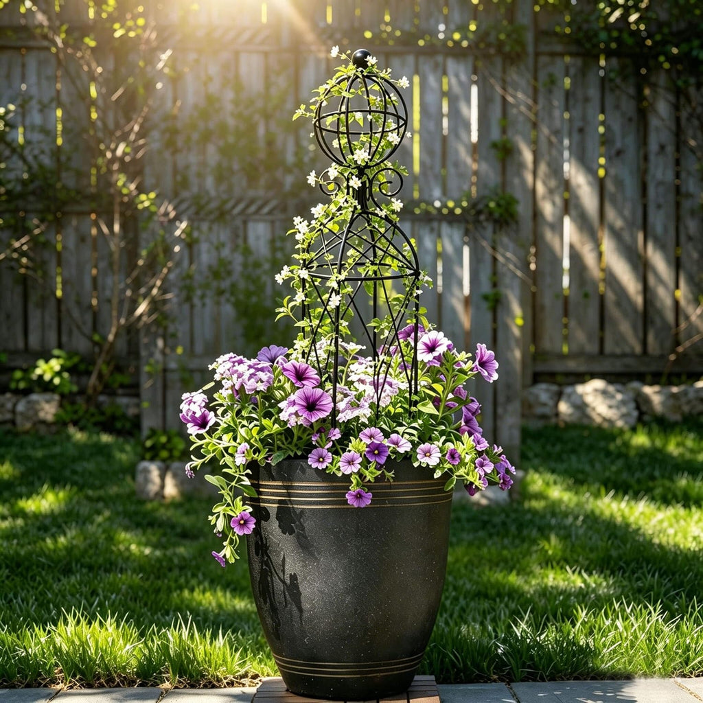 2-Pack Metal Garden Obelisk Trellis, 28" Geometric Sphere Plant Support | Tool-free assembly; fits 9–12in planters