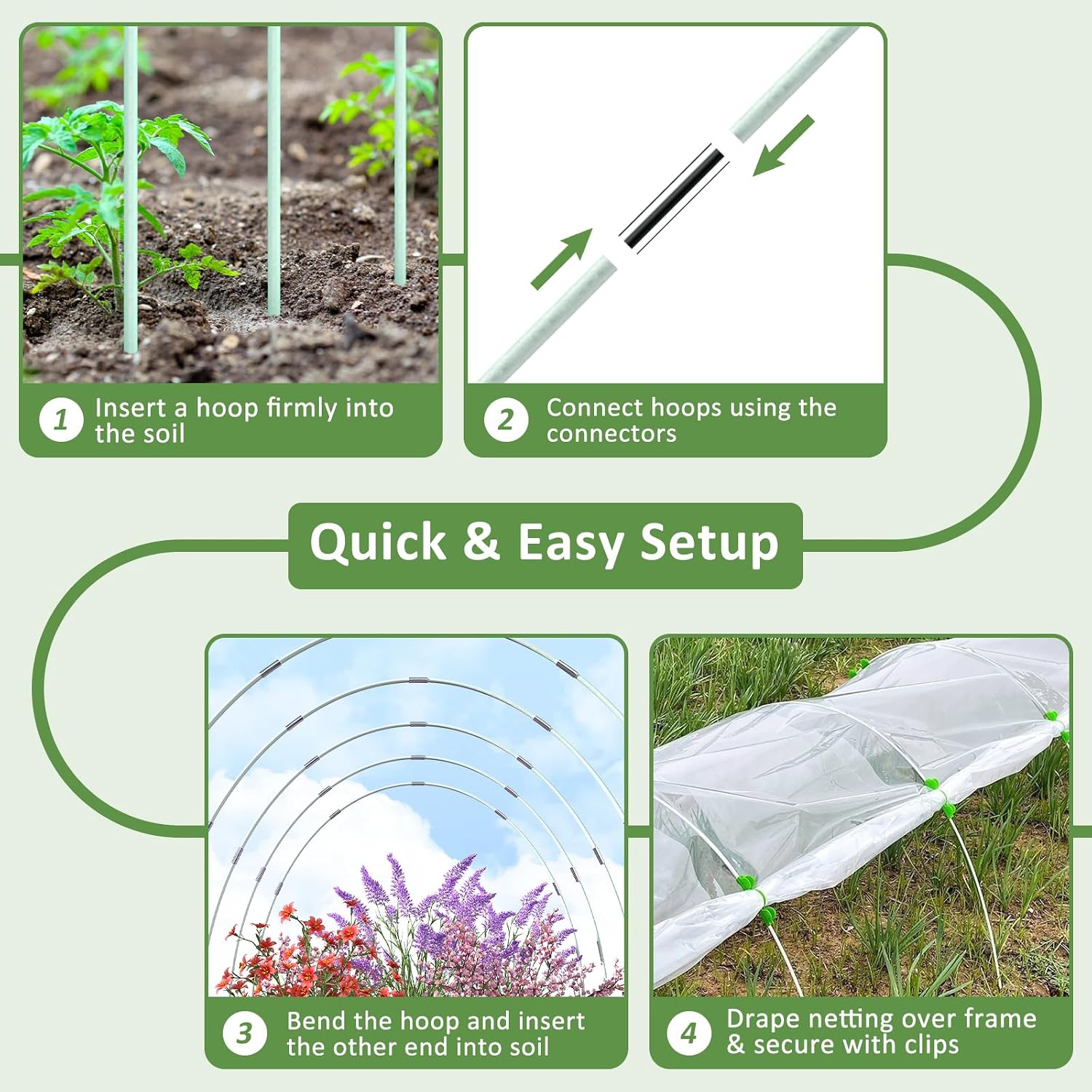 60Pcs Greenhouse Hoops for Raised Beds, Rust-Free Fiberglass | Garden Hoops Grow Tunnel Wide, 8FT Heavy Duty Plant