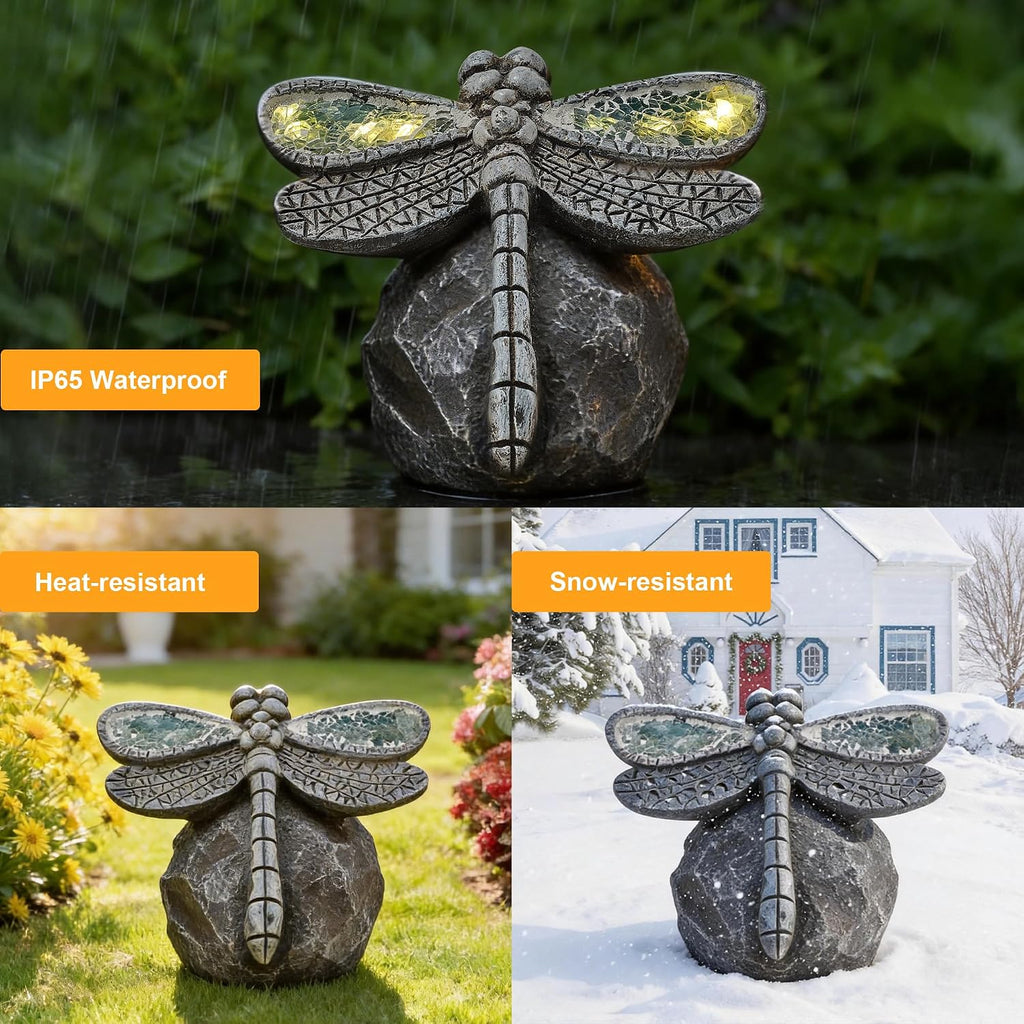 Solar Dragonfly Garden Statues & Light, Outdoor Resin Yard Figurine Decor | Solar Powered IP65 Waterproof Garden