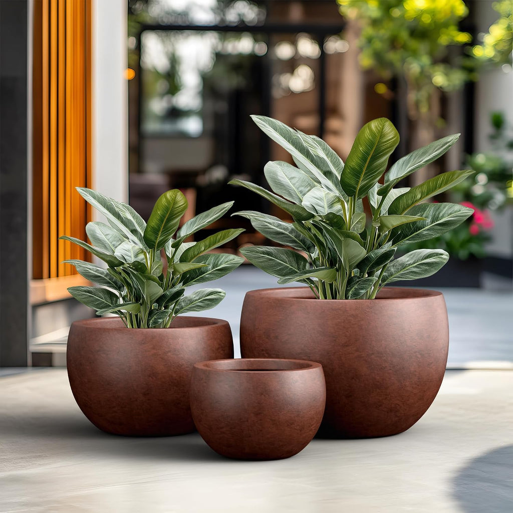 Kante Set of 3 Rusty Concrete Bowl Planters 19.9" 15.7" 11.8" Dia | Drainage for Outdoor, Rubber Plug for Indoor Home