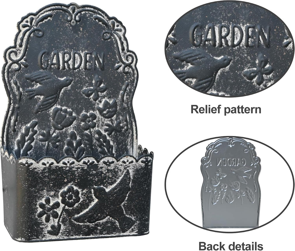 BIG FORTUNE Metal Wall Mount Planter Wall Vases for Flowers Shabby Chic Decor for Rustic Farmhouse Outdoor Decor (Black)