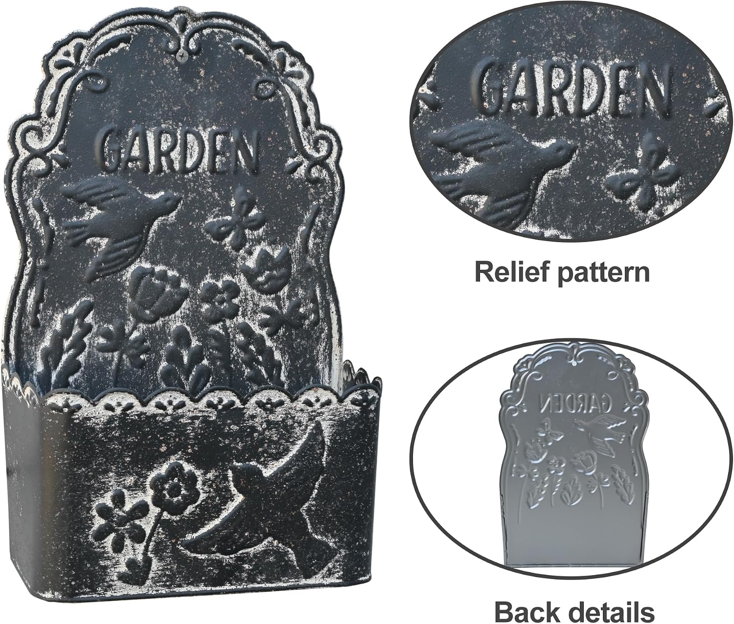 BIG FORTUNE Metal Wall Mount Planter Wall Vases for Flowers Shabby Chic Decor for Rustic Farmhouse Outdoor Decor (Black)