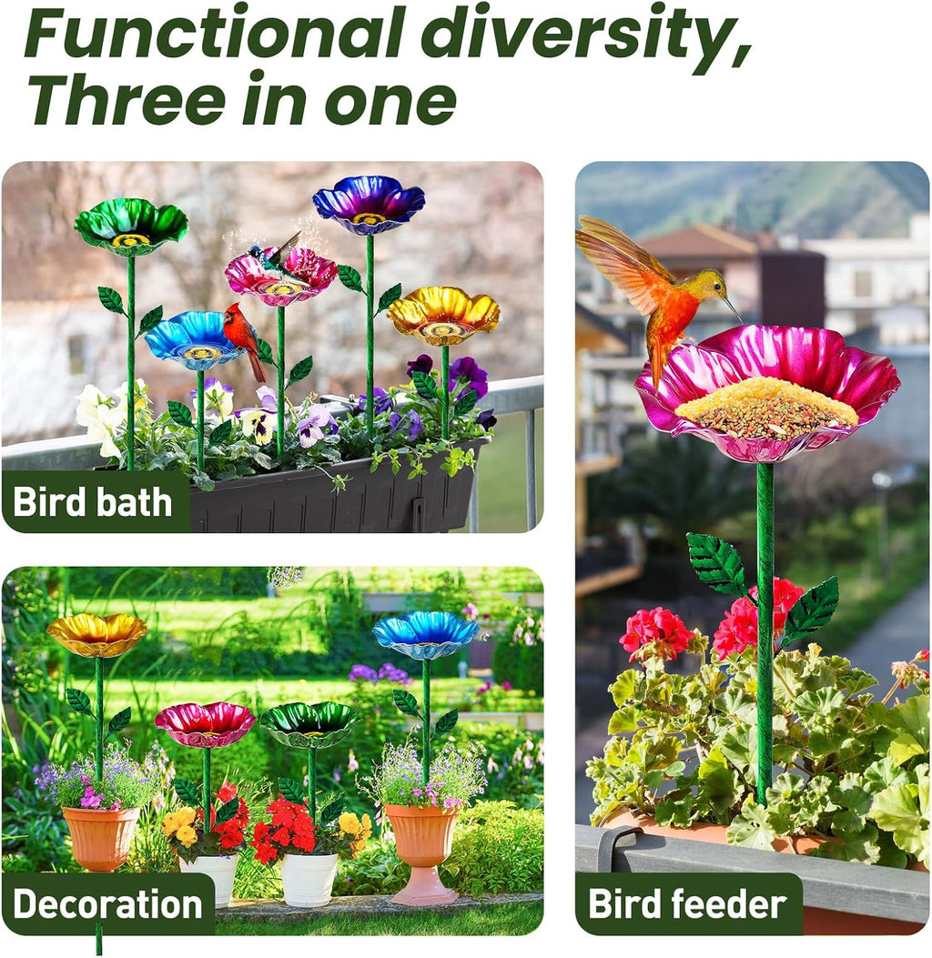 5 PCS Metal Bird Bath with Garden Stakes for Outdoor Yard Patio | Multicolor Flower Bird Feeders, Rust-Resistant Metal