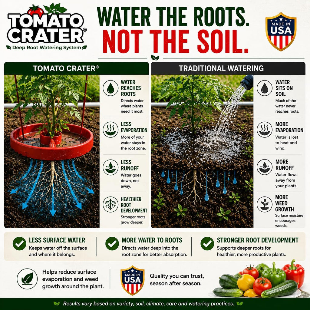 Tomato Crater® Root-Zone Watering Ring for Tomatoes & Vegetables | Made in USA Snap-Together Base | Reduces Runoff
