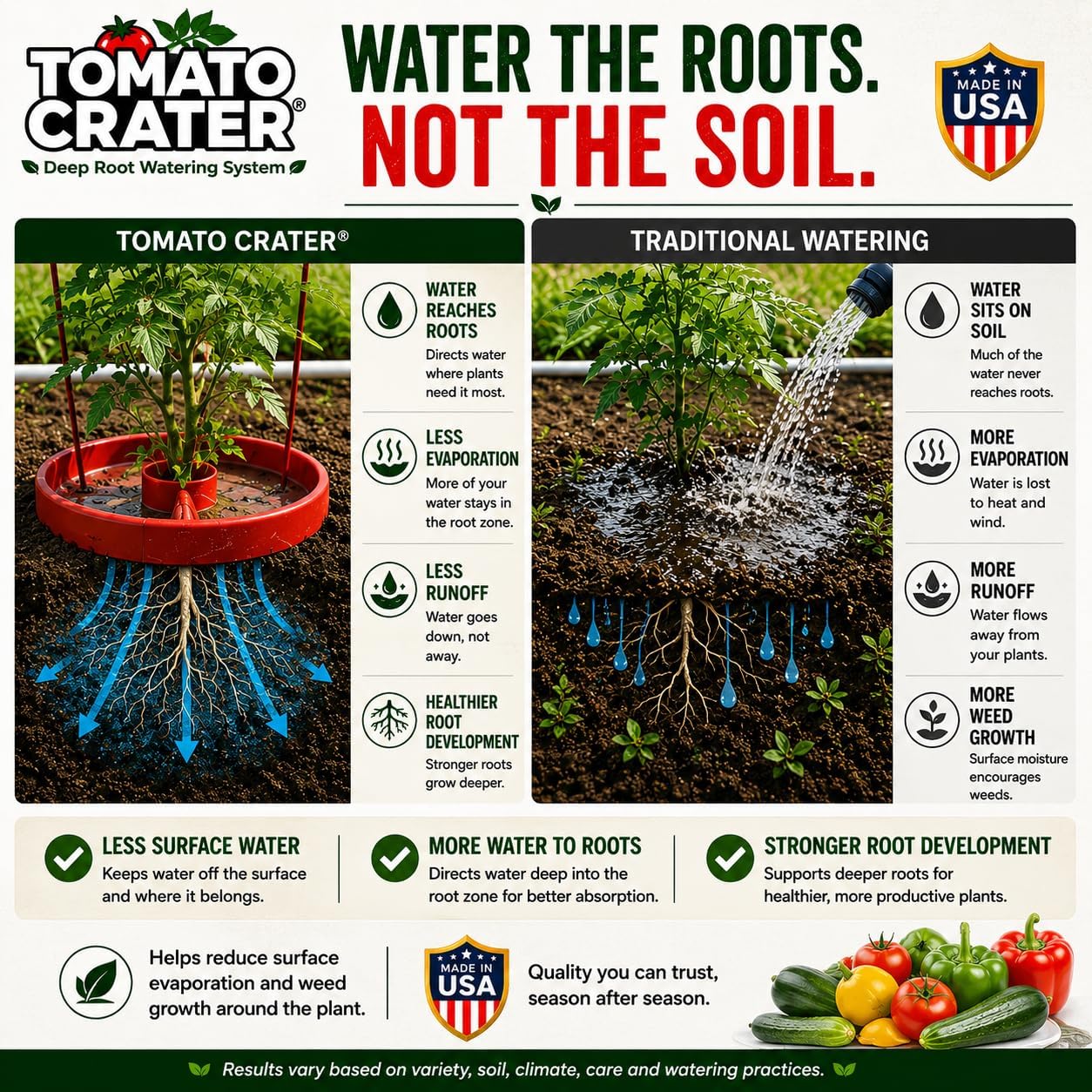 Tomato Crater® Root-Zone Watering Ring for Tomatoes & Vegetables | Made in USA Snap-Together Base | Reduces Runoff