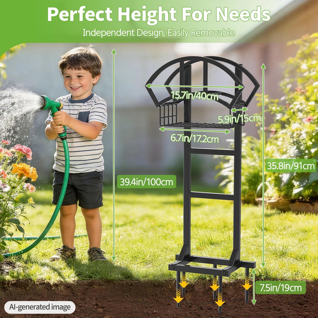 LASZOLA Garden Water Hose Holder Hanger Freestanding Reel for Outside Black | Rack Outdoor with Storage Basket, Heavy