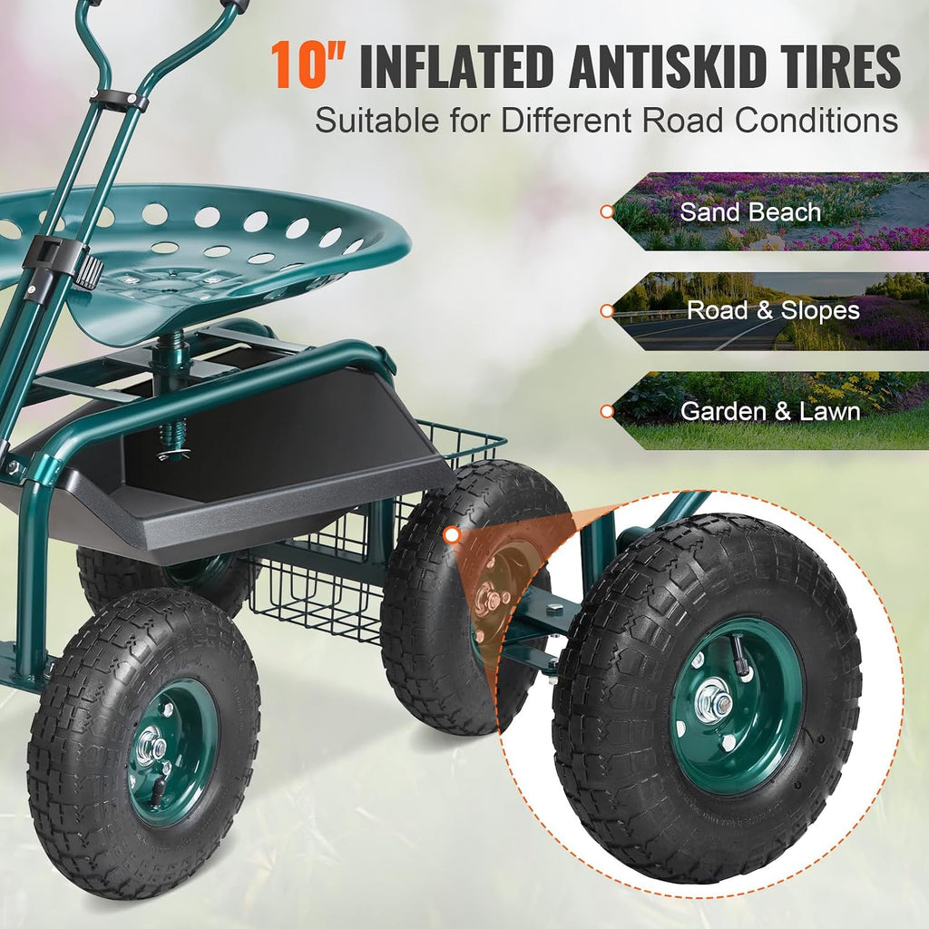 VEVOR Garden Cart Rolling Workseat with Wheels, Gardening Stool for Planting, 360 Degree Swivel Seat, Wagon Scooter