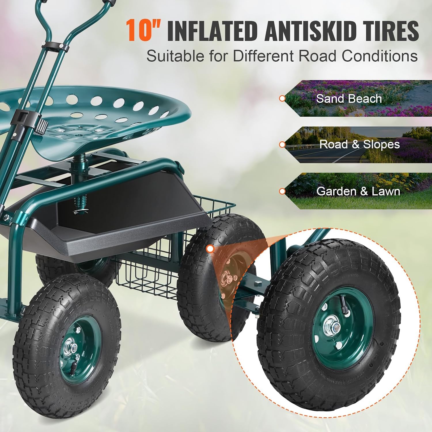 VEVOR Garden Cart Rolling Workseat with Wheels, Gardening Stool for Planting, 360 Degree Swivel Seat, Wagon Scooter