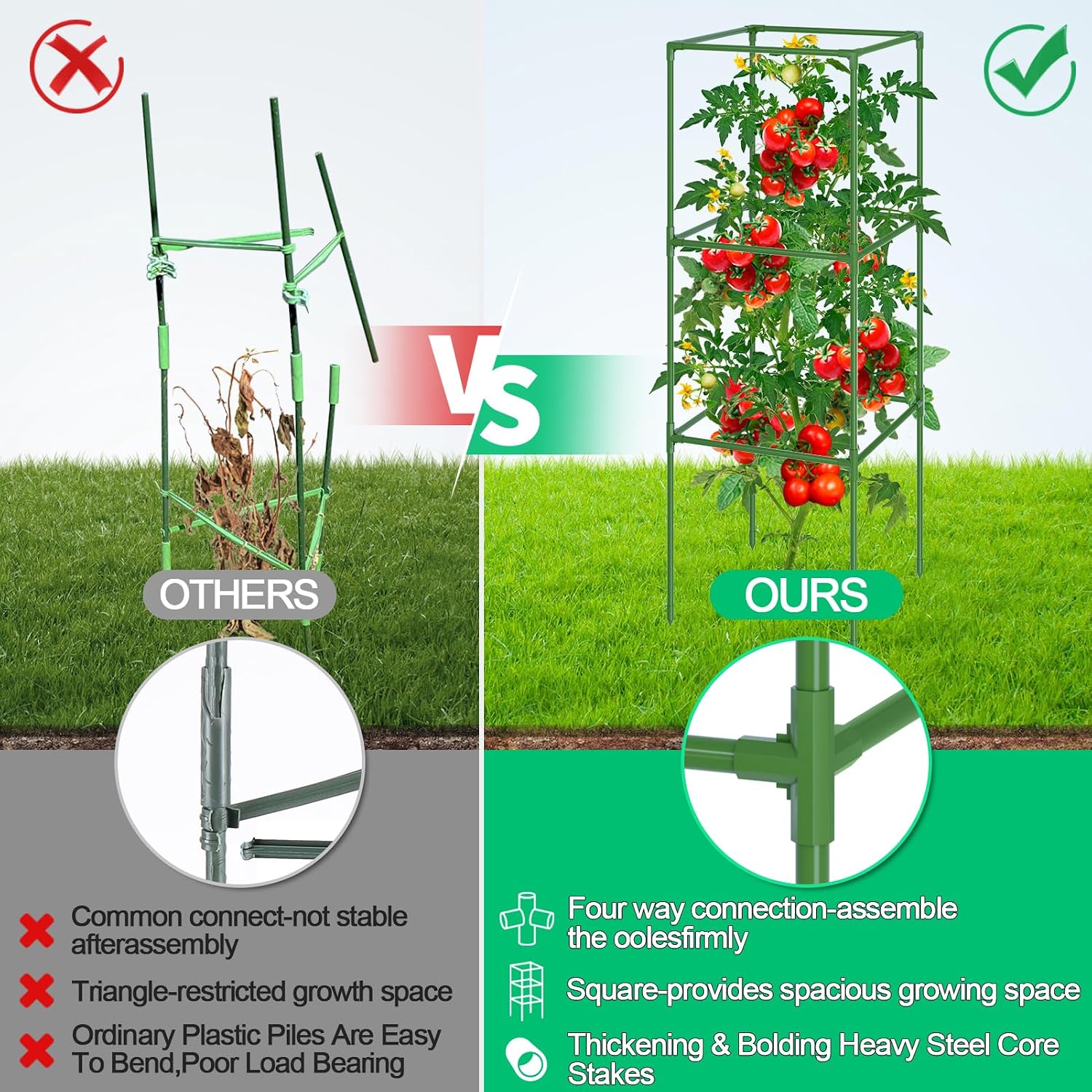 WLLEYAY 3 Pack Square Tomato Cages, 50in Plant Stakes Support Cages Trellis | Heavy Duty Steel Plant Tower Stakes