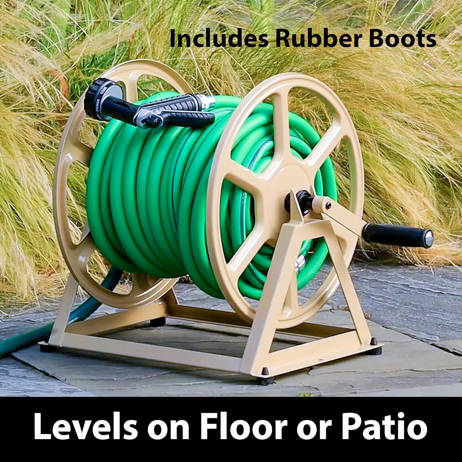 Liberty Garden 709 Steel Wall/Floor Mounted Hose Reel, Holds 200-Feet of 5/8-Inch Hose - Tan, 17.6 x 22 x 15