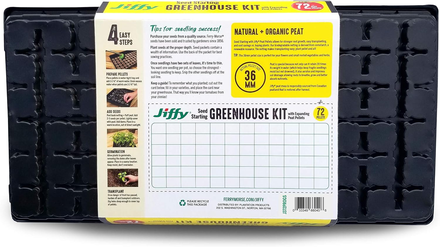 Jiffy Plant Germination Tray Kit - 72 Cell 36mm Peat Pellets, 4 Pack