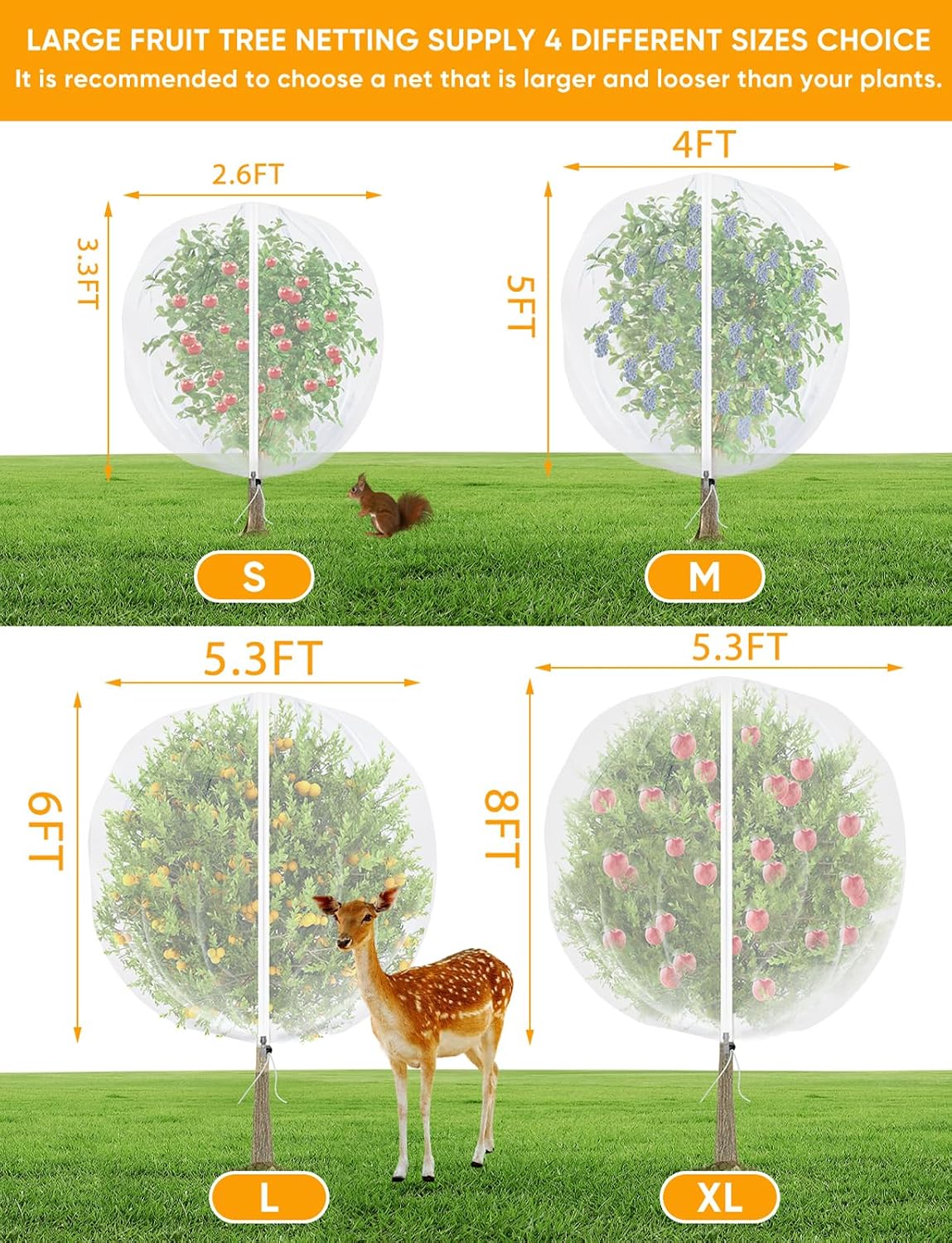 VITI Fruit Tree Netting for Cicadas - with 4Pcs 8Ftx5.3Ft Zipper&Drawstring Protection for Your Fruit Trees Garden Bird