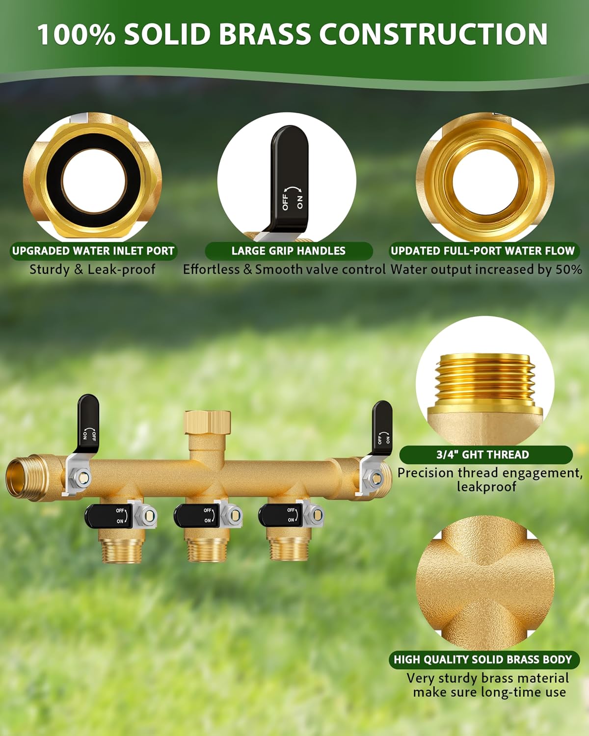 Garden Hose Splitter, 5 Way Heavy Duty Brass hose splitter, Water Hose Bib Spigot Splitter with 0.59" Full Flow Ball