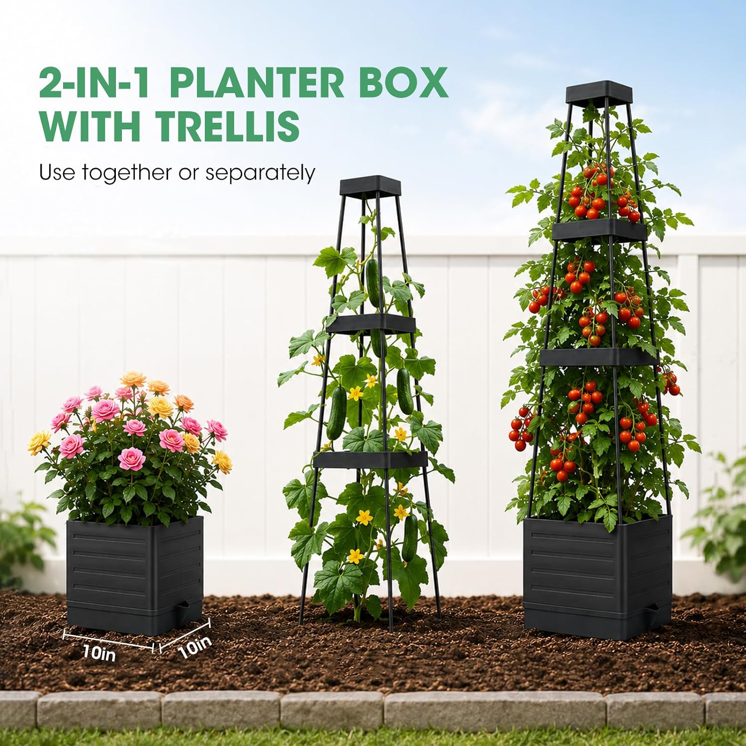 MQUPIN Tomato Planter Box with Trellis for Garden, 57 Inch Self-Watering Raised Garden Bed, Patio Tomato Cage for