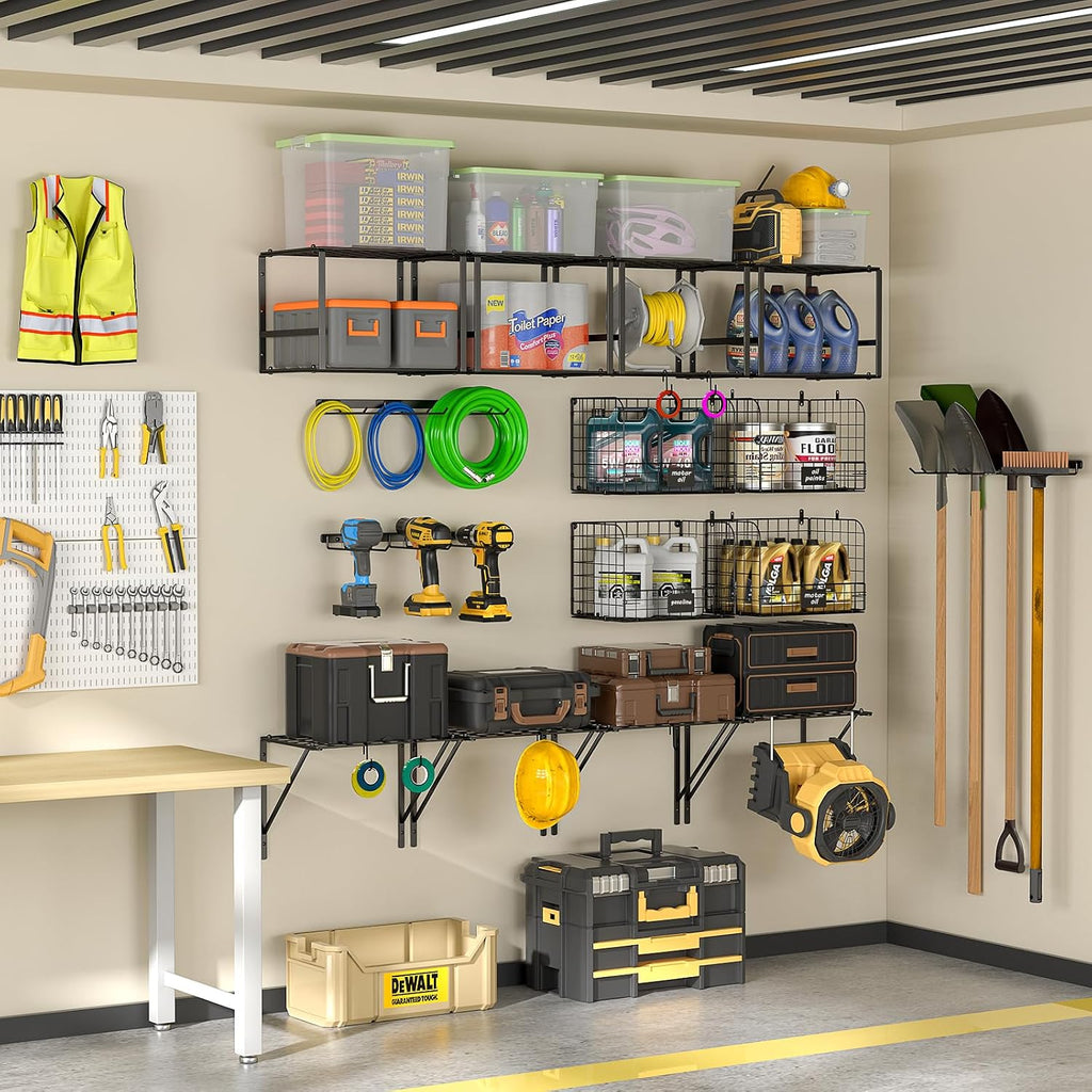 ThreeHio Garage Shelf Wall Mounted with Wire Baskets, Heavy Duty Garage Wall Shelving with Garden Tool Rack and Hooks