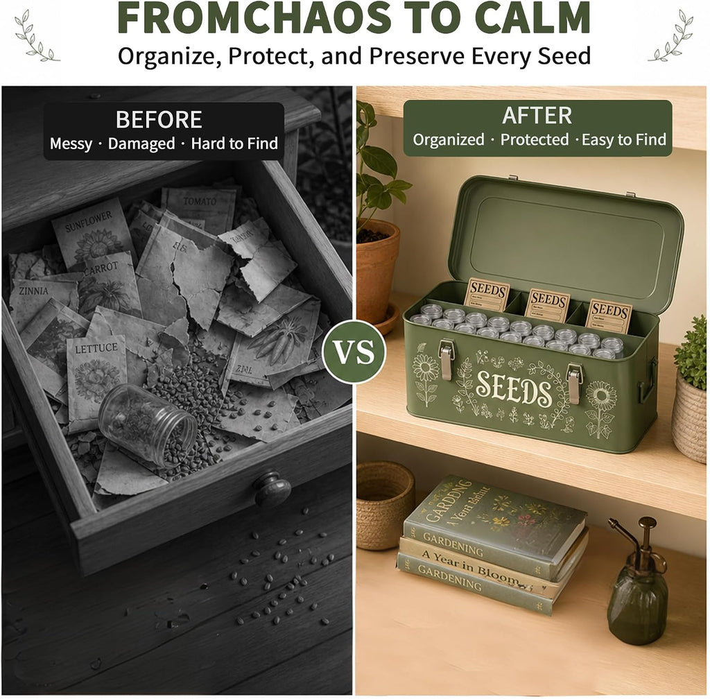 Metal Seed Storage Organizer, 4 Compartment Locking Seed Saving Box | Includes 30 Bottles & Envelopes, Dark Green