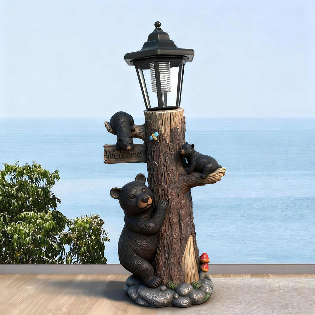 19 Inches Bear Statue Welcome Sign Garden Statue with Solar Lights | Resin Bear Family on The Tree, Outdoor Bear Décor