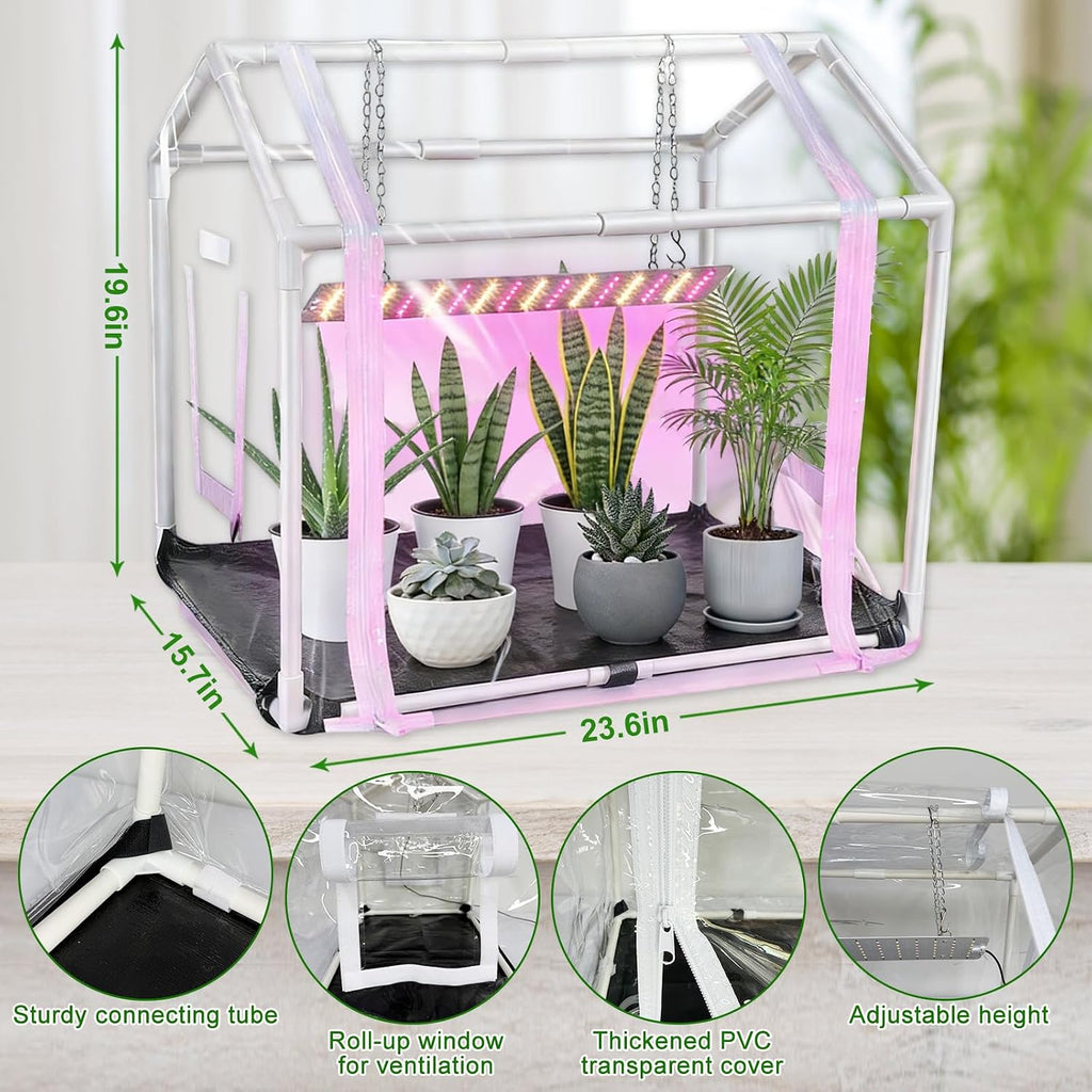 Mini Greenhouse with Grow Light for Indoor, PVC Planting Tent with Waterproof Mat & Zipper Door,15W Full-Spectrum LED