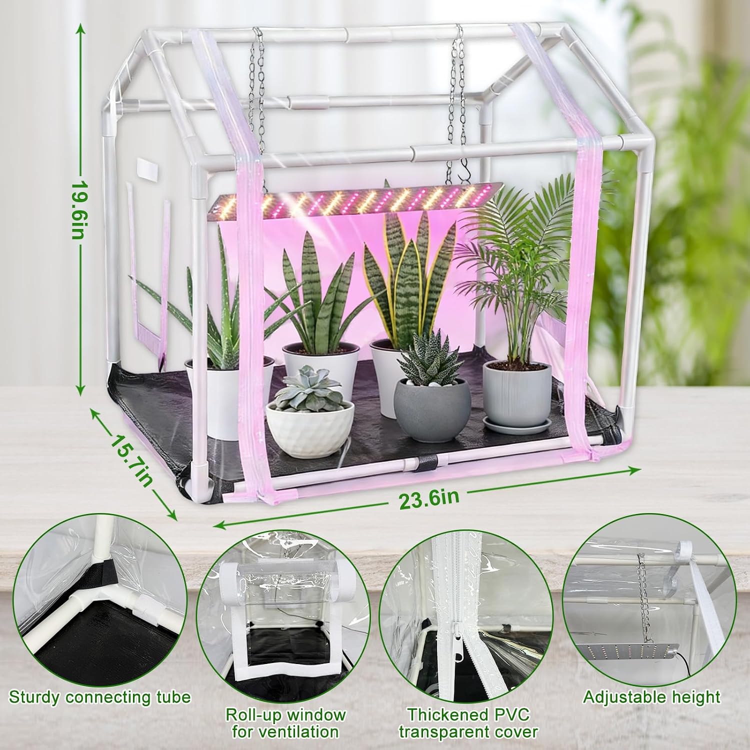 Mini Greenhouse with Grow Light for Indoor, PVC Planting Tent with Waterproof Mat & Zipper Door,15W Full-Spectrum LED
