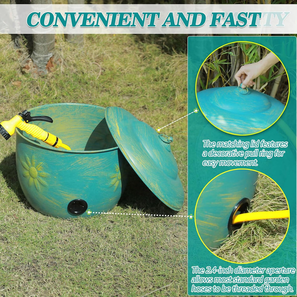Metal Garden Hose Holder Storage Pot with Lid,Hose Pot for Outside | Holds Up To 100ft Hoses,Outdoor or