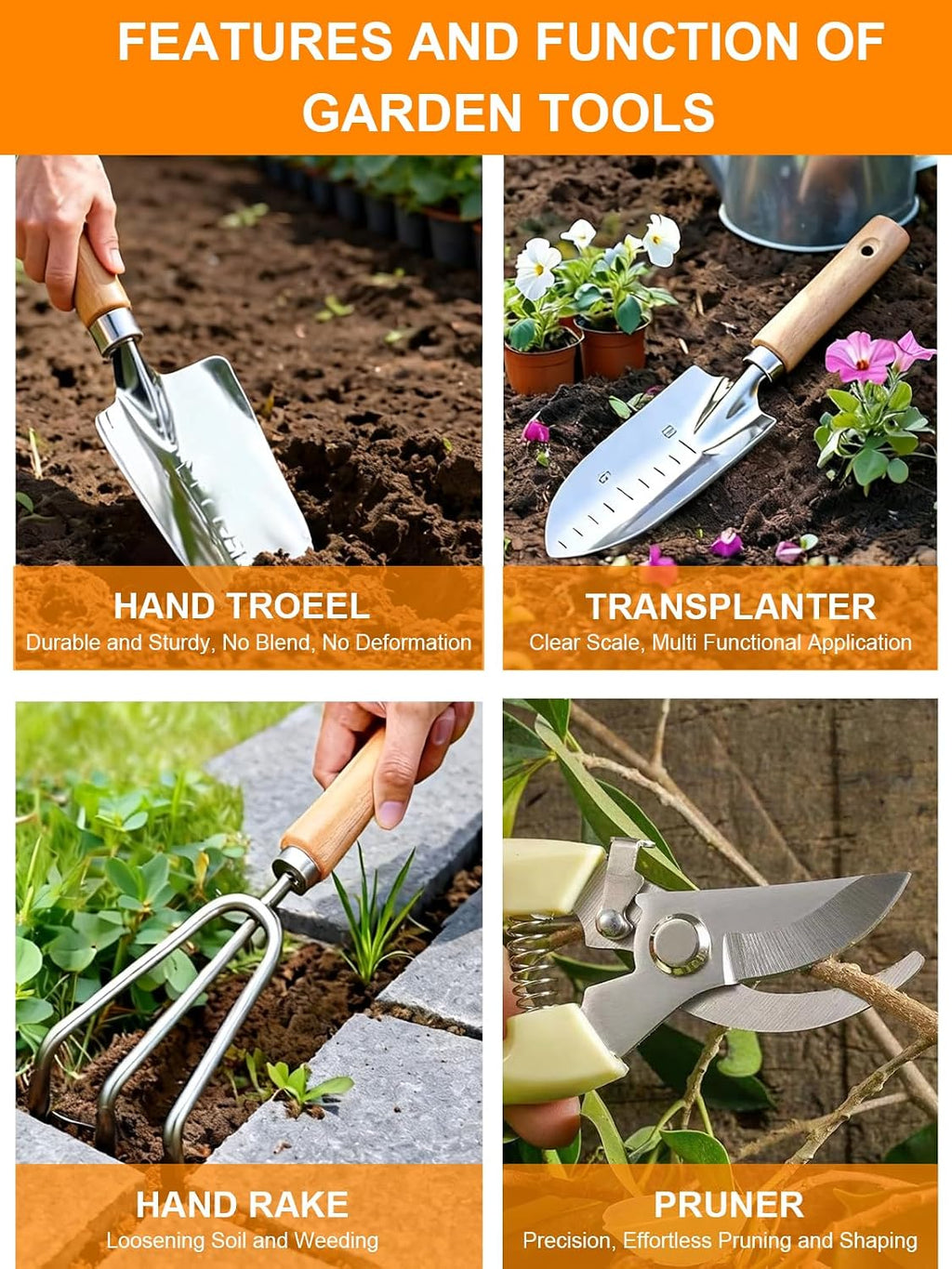 Garden Tools Set – 11-PCs Heavy Duty Gardening Kit, Stainless Steel Tools with Wooden Handles, Canvas Tote Bag, Gloves
