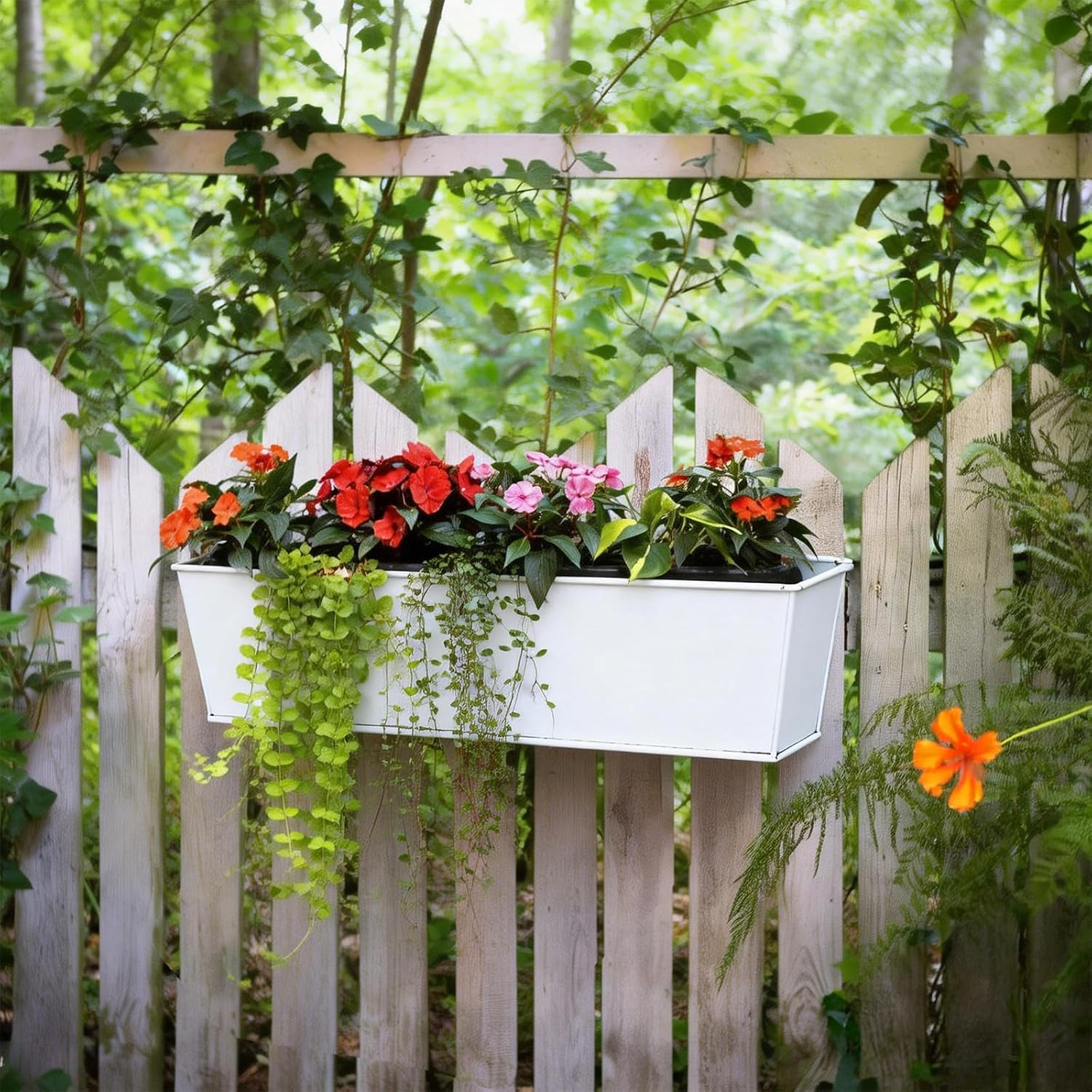 3 Pack Metal Railing Planters, 16 Inch Large Rectangular Hanging Flower Pots with Detachable Hooks & Drainage Holes