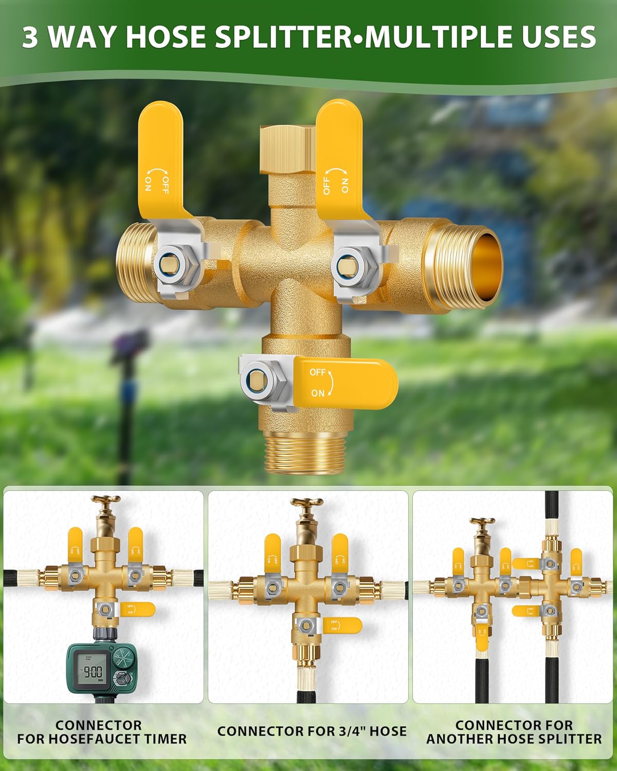 Garden Hose Splitter, 3 Way Heavy Duty Brass hose splitter, Water Hose Bib Spigot Splitter with 0.59" Full Flow Ball