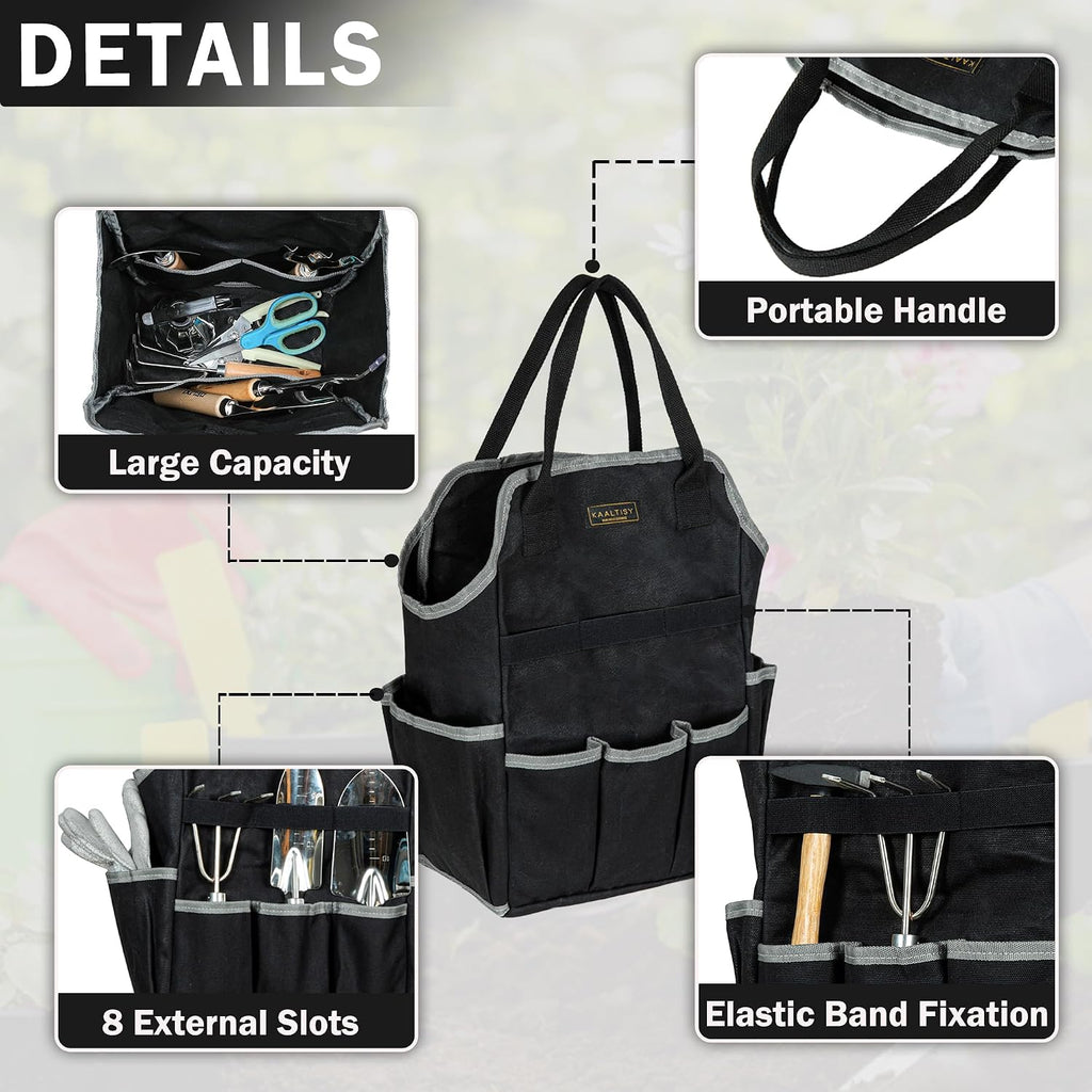 Garden Tool Bag | Heavy-Duty 16oz Waxed Canvas Garden Tool Tote with 8 Pockets | L9.5" x W6" x H15.5" | Tools Storage