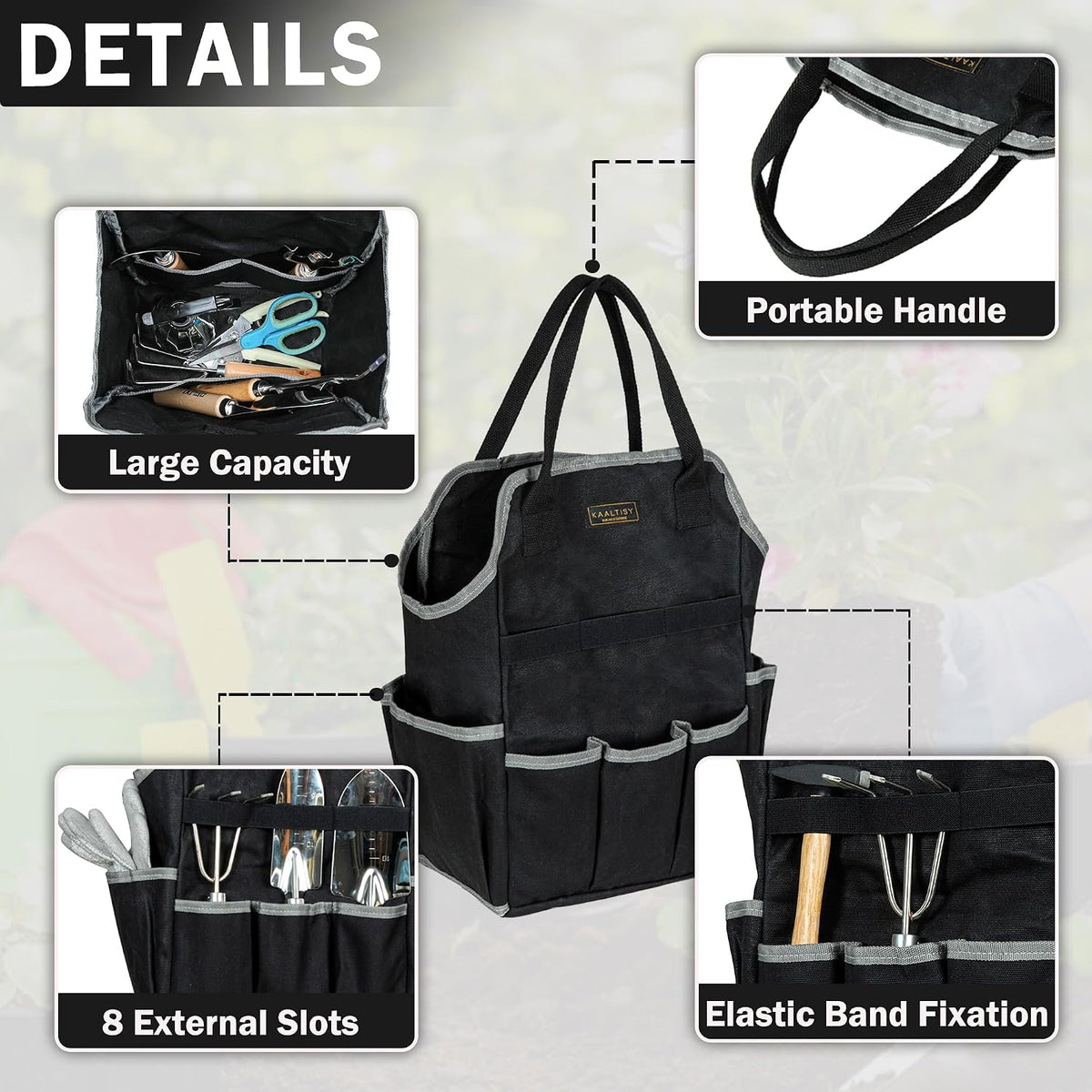 Garden Tool Bag | Heavy-Duty 16oz Waxed Canvas Garden Tool Tote with 8 Pockets | L9.5" x W6" x H15.5" | Tools Storage