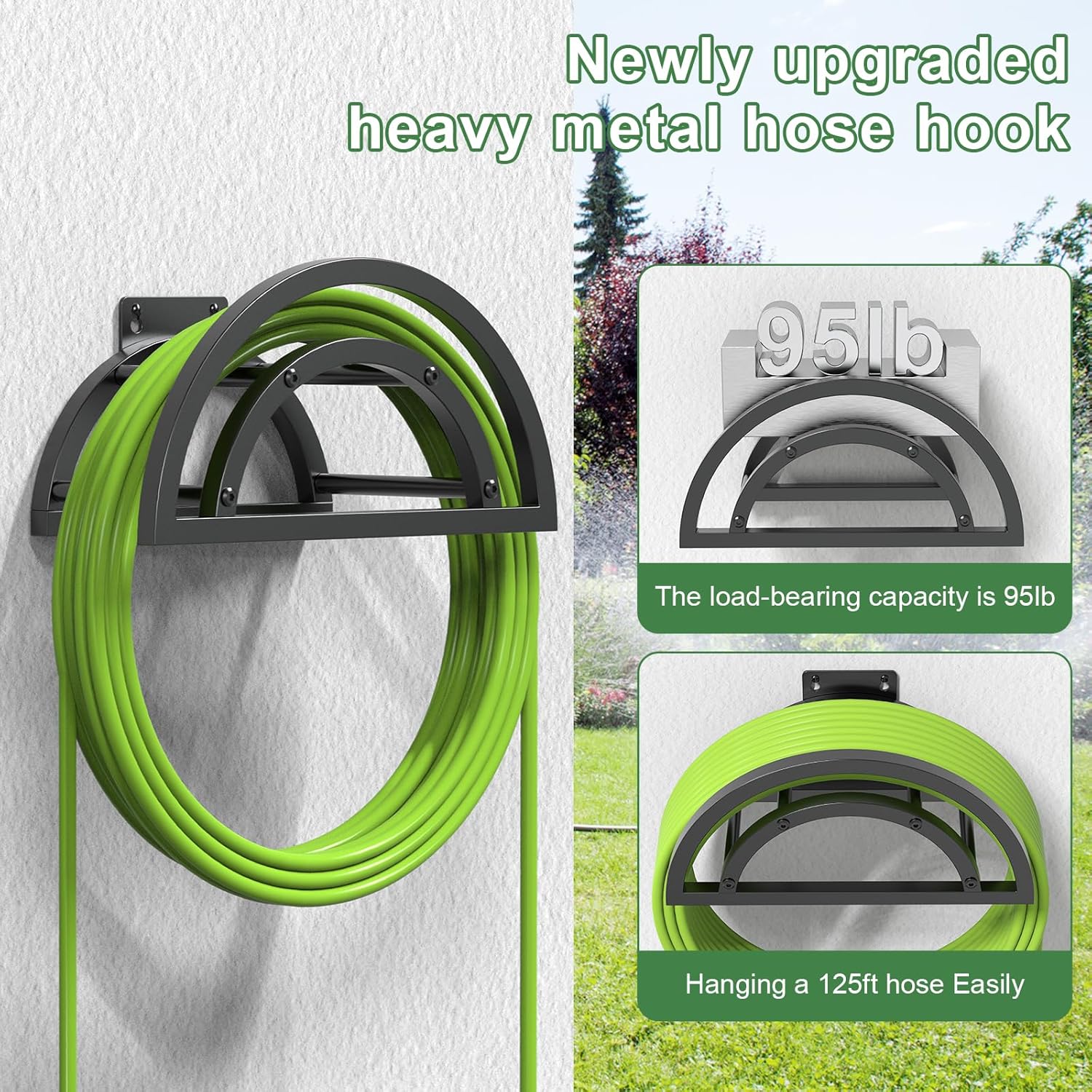 OLV Hose Holder Wall Mount, Outdoor Water Hose Holder Holds 125-ft Hose, Heavy Duty Metal Detachable Hose Hanger Reel