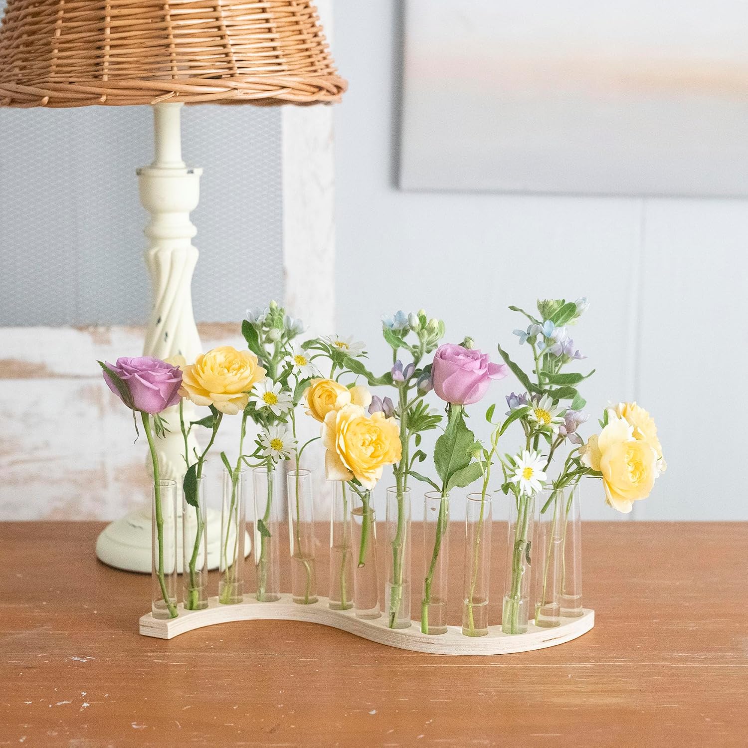 Test Tube Vases for Flowers，Small Plant Propagation Station，S Shape Plant Terrarium with Wooden Stand(Light Wood)