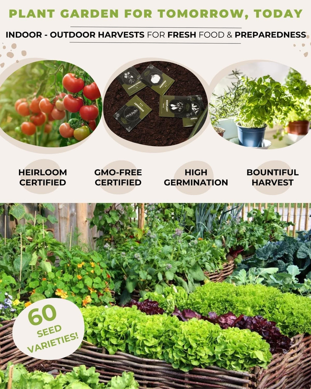 Tactiko Vegetable, Herb & Edible Flower Seeds Kit | 60 Varieties - Non-GMO