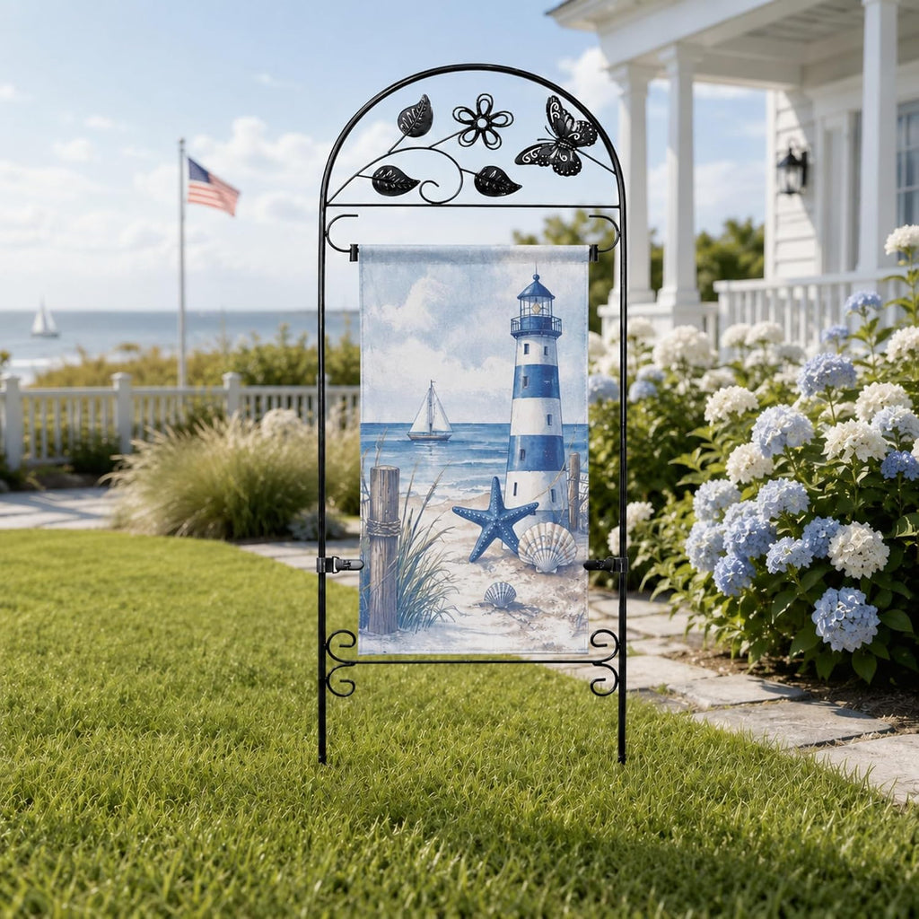 AceList Garden Flag Holder Stand, Wrought Iron 8-Prong, for 12x18 | Windproof butterfly yard pole with velcro clips