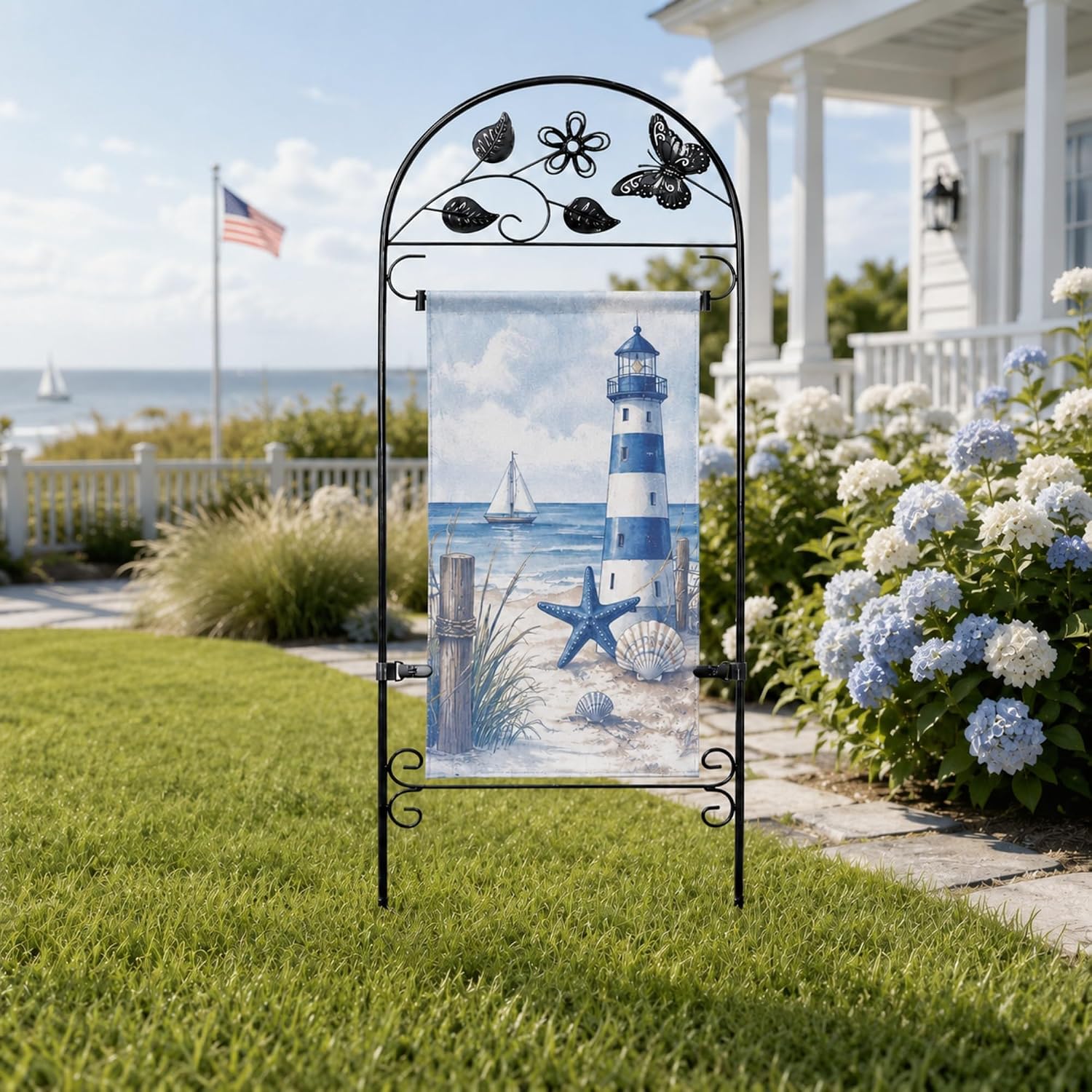 AceList Garden Flag Holder Stand, Wrought Iron 8-Prong, for 12x18 | Windproof butterfly yard pole with velcro clips