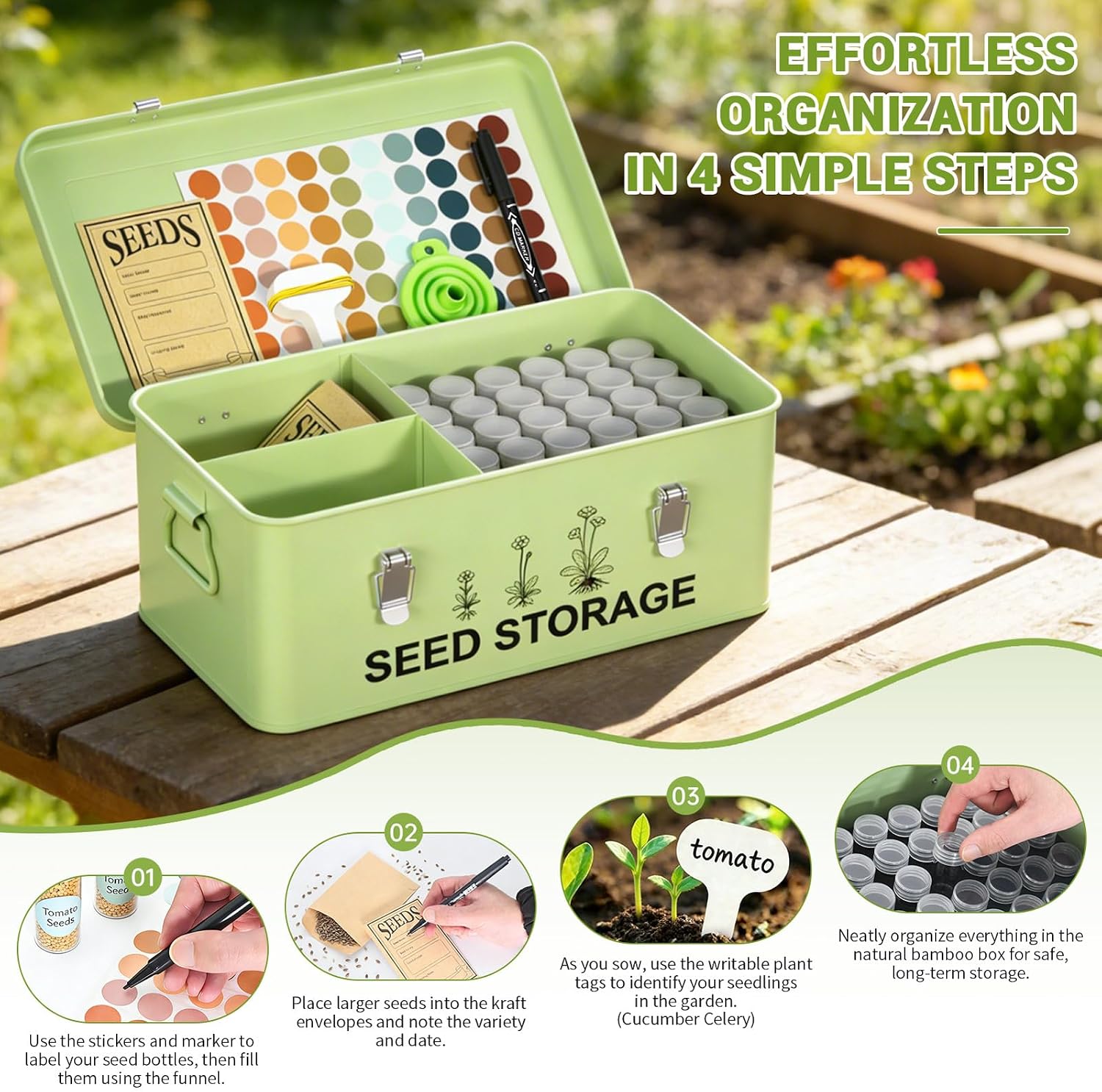 60 Slots Seed Organizer Seed Storage Seed Box 3 Compartments Seeds Organizer Storage Box Metal Garden Seeds Packet