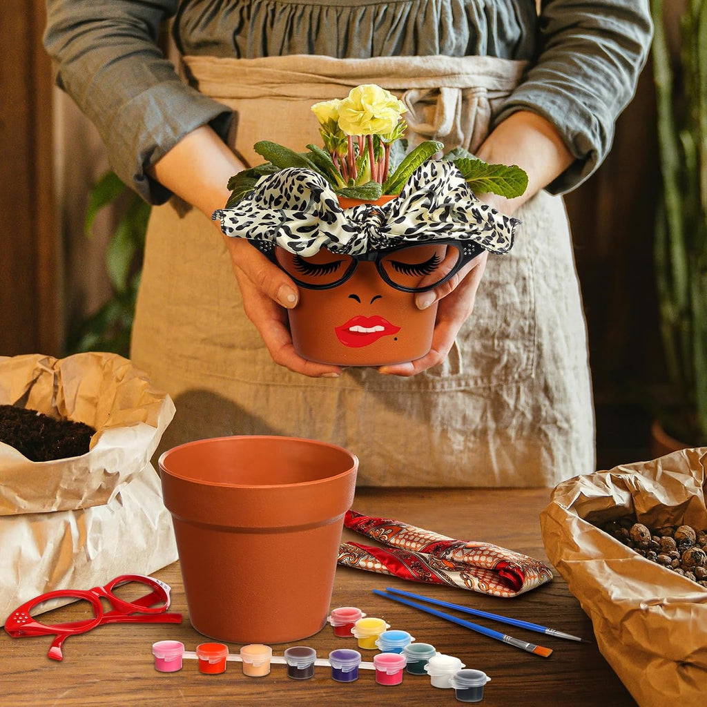 Sliner 6 Set Cute Face Flower Pot Planter Funny Plant Pots Painting Kit Include Glasses Silk Scarf Acrylic Paint
