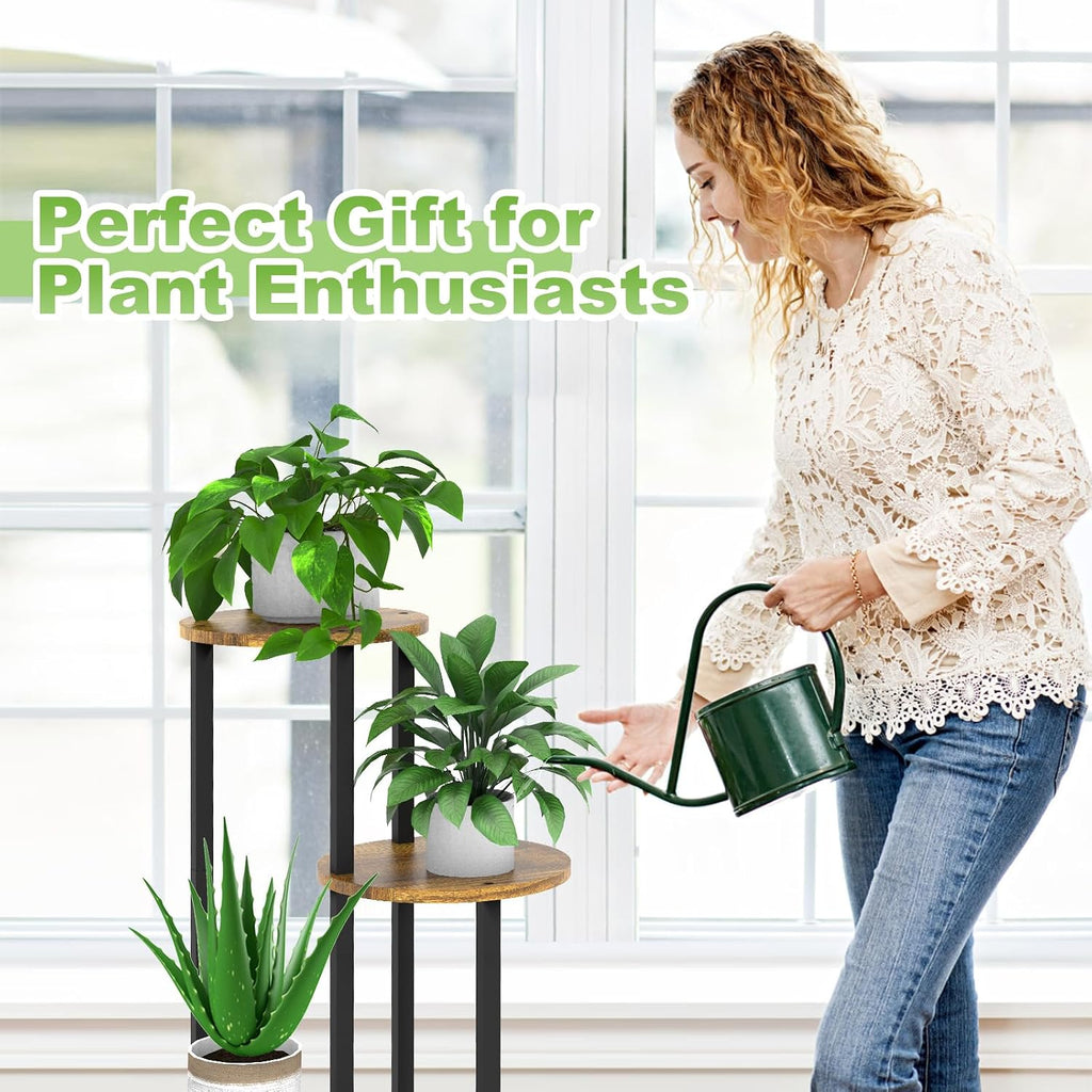 4 Tier Wood Tall Plant Stand Metal Rack Indoor, Multiple Flower Pot Holder Shelves Corner Rack, Round Planter Shelf