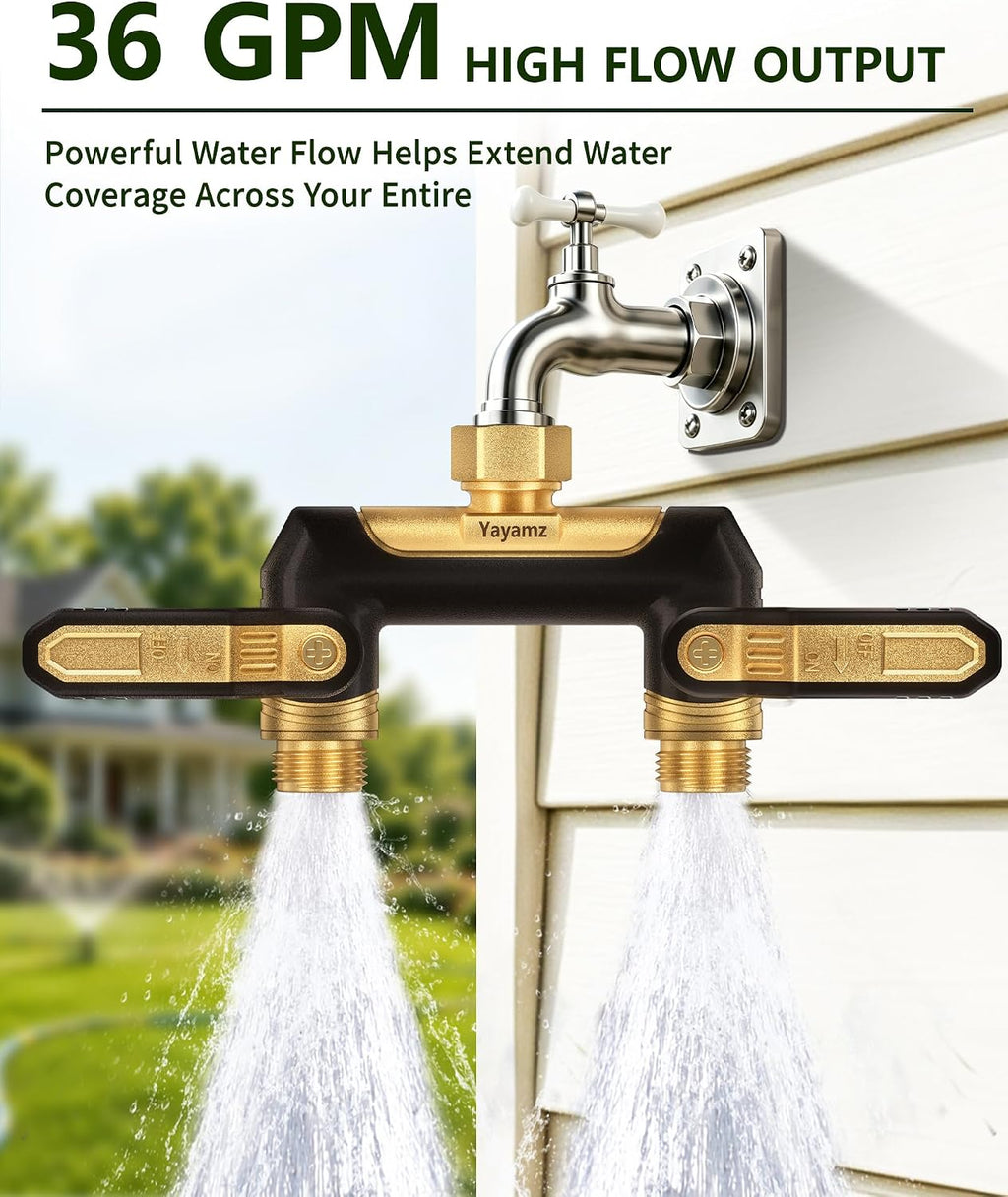 Garden Hose Splitter 2 Way, Heavy Duty Metal Water Hose Spigot Splitter | Shut Off Valves,3.6" Easy-Turn Handles,Full
