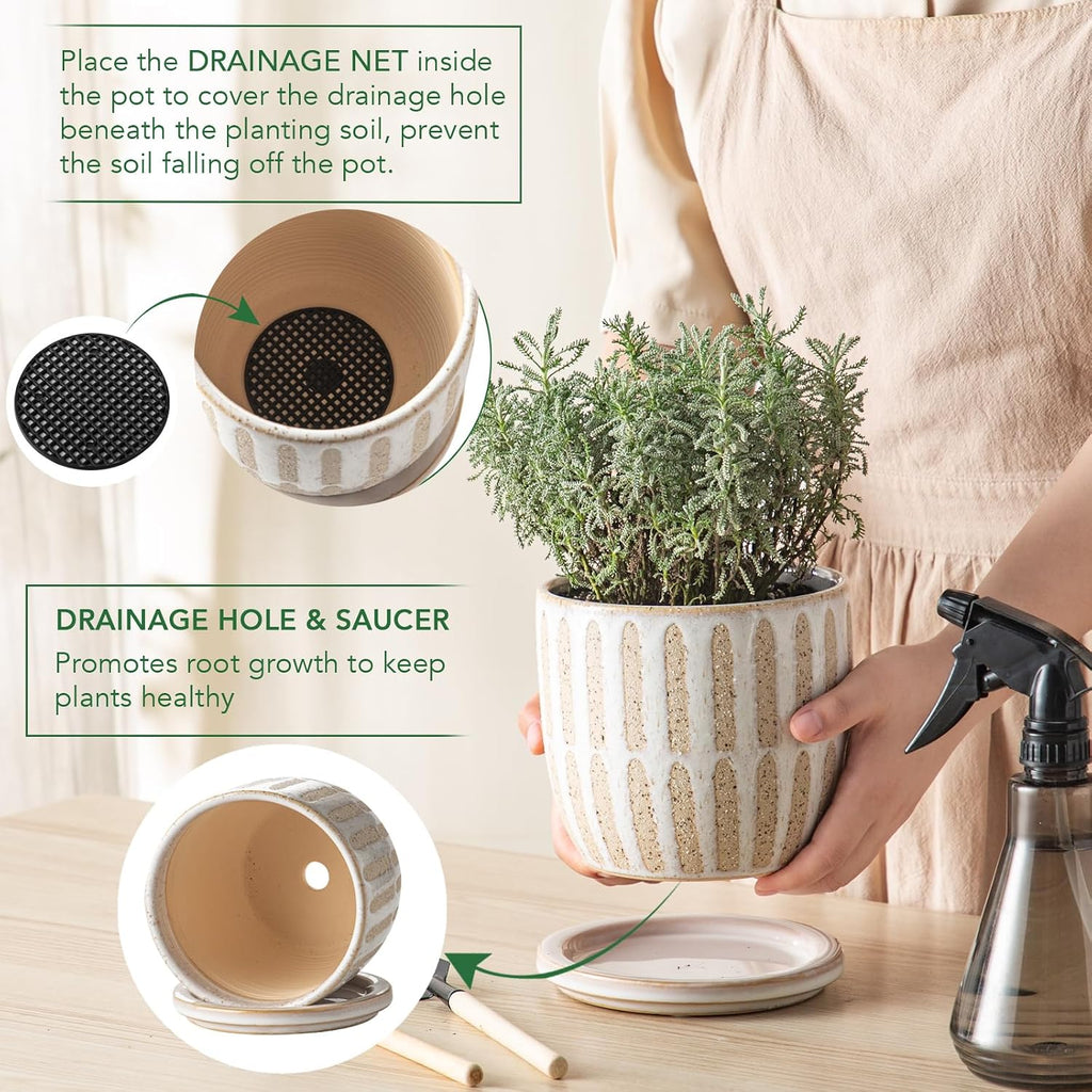 Ceramic Flower Pots Indoor-Outdoor: 5.75 Inch Planters with Drainage Holes & Saucer - Modern Decorative Plant Pots