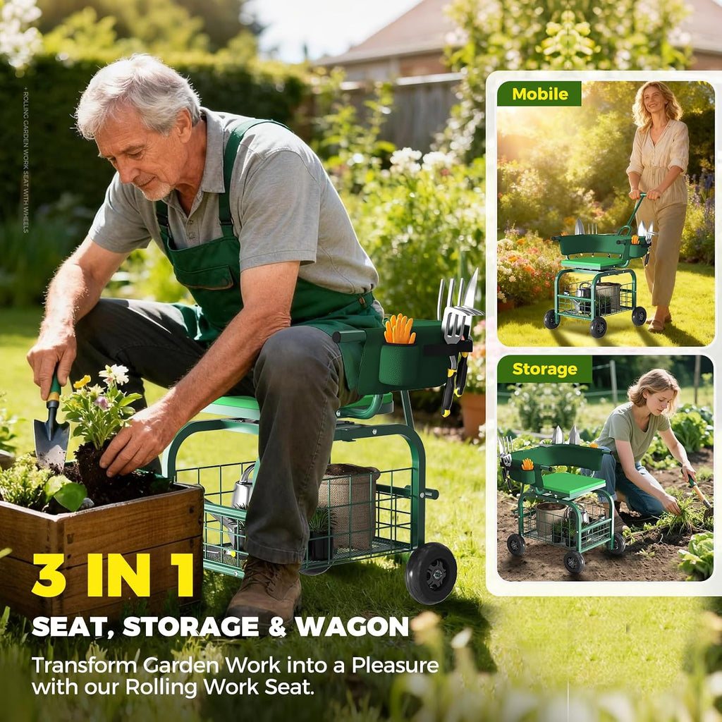 Suntee Garden Seat with Wheels, Rolling Gardening Stool with 360° Swivel Seat & Backrest,Tool Storage Basket & Back