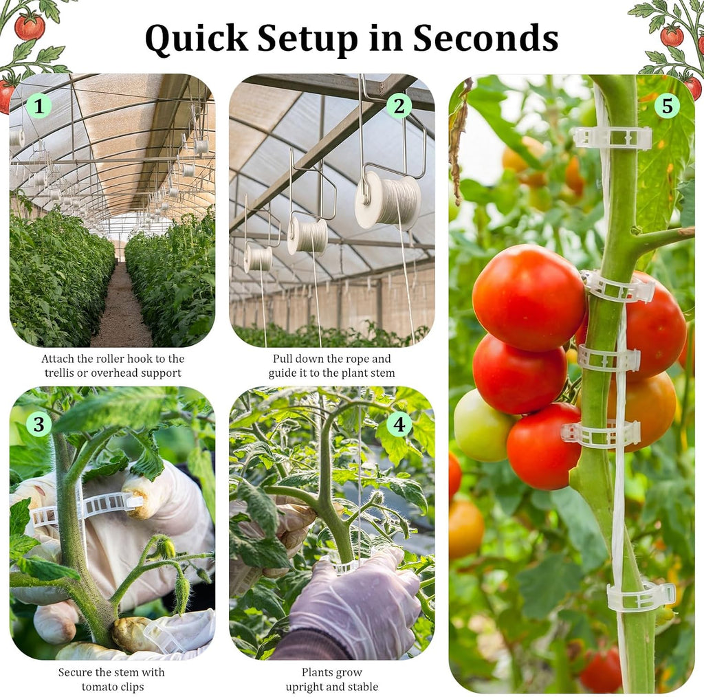 Novabright 50 Pack Tomato Support Hooks with 49 Feet String and 100 Pcs Clips Greenhouse Trellis Roller Tomato Hooks