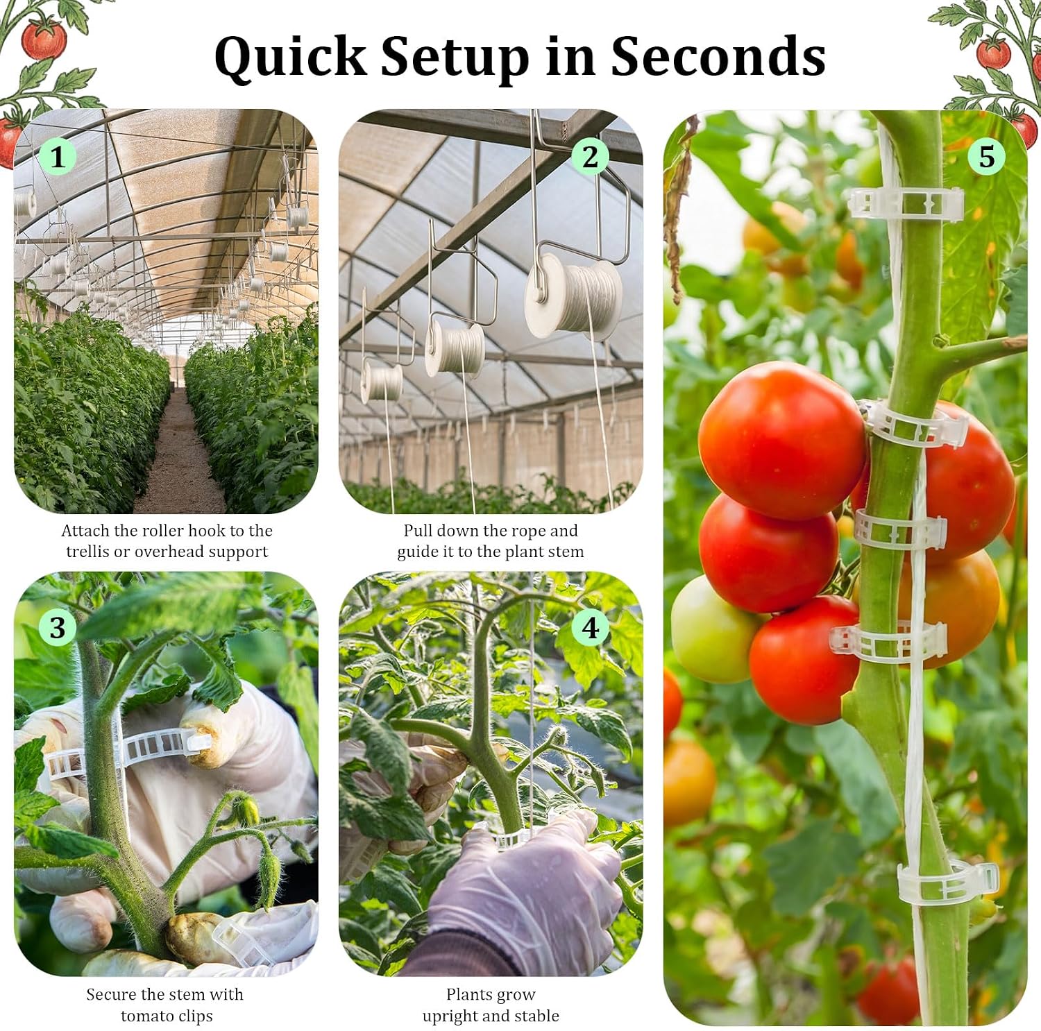 Novabright 50 Pack Tomato Support Hooks with 49 Feet String and 100 Pcs Clips Greenhouse Trellis Roller Tomato Hooks