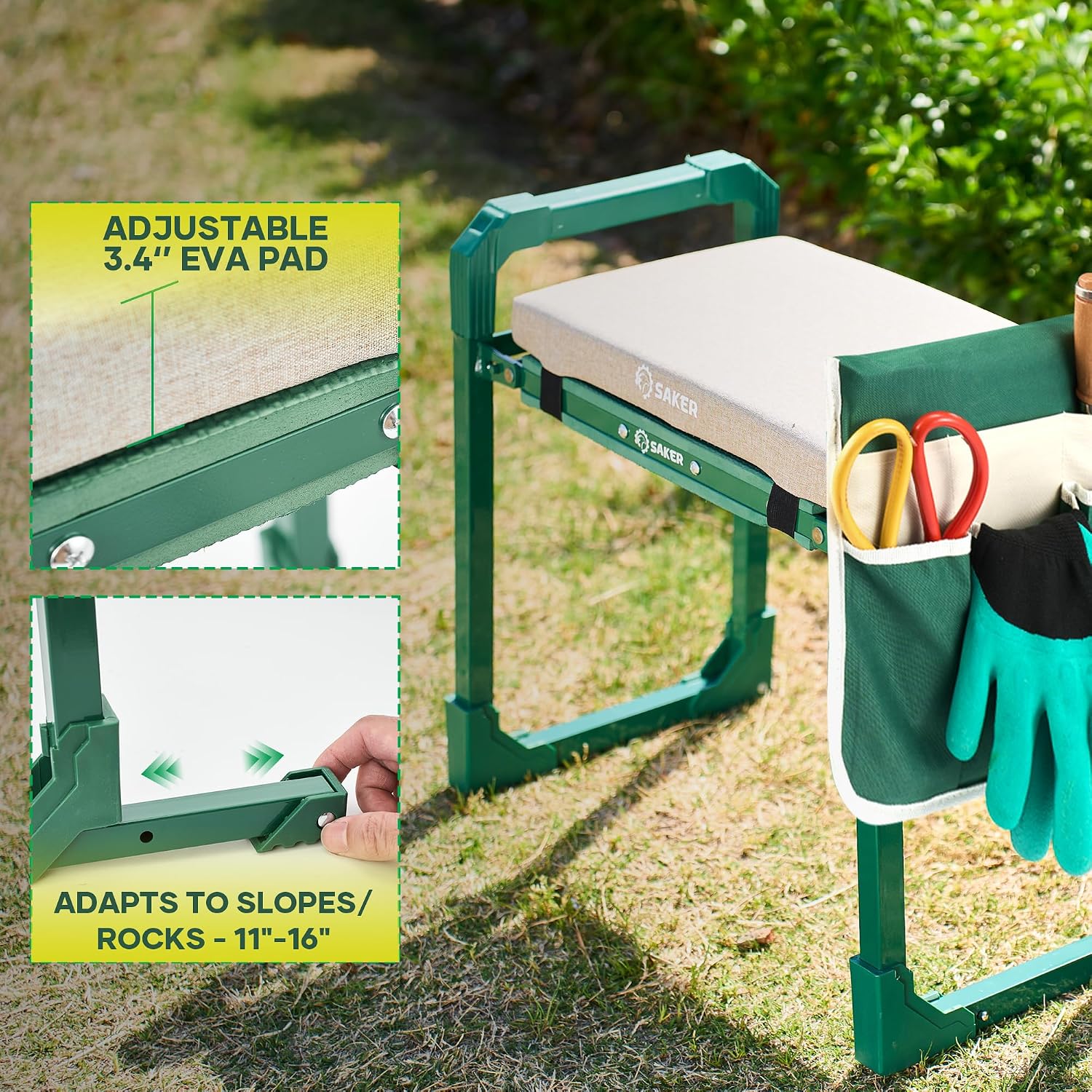 Saker Garden Kneeler and Seat Foldable Gardening Stool with Extendable Legs | Thickened Pad Tool/Storage Bag , Heavy