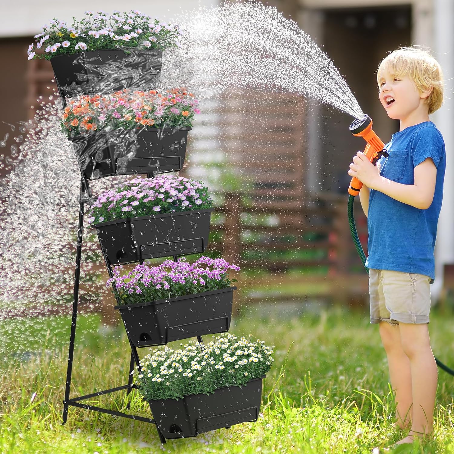 5 Tier Vertical Raised Garden Bed Planter Box, Vertical Raised Bed with Drainage Holes for Indoor Outdoor Herbs Flowers
