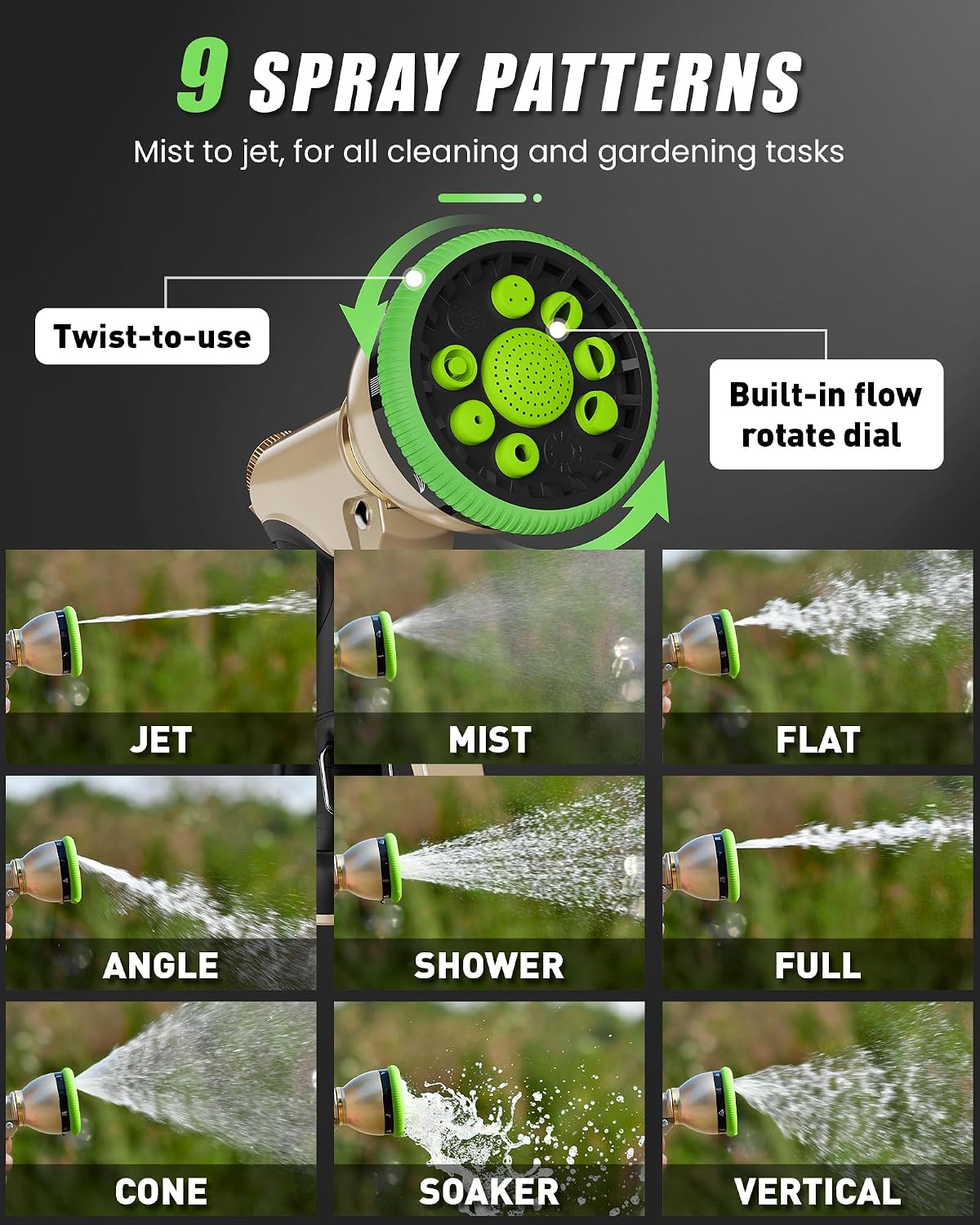 RAINPOINT Garden Hose Nozzle, Metal Hose Sprayer Nozzle With 9 Adjustable Spray Patterns, Heavy Duty Hose Sprayer for