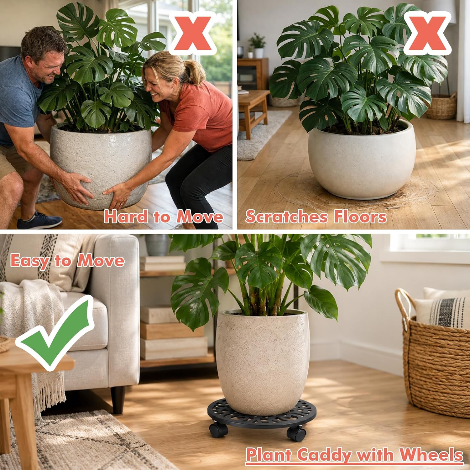 3 Pack Plant Caddy with Wheels, 12 inch Plant Stand with 2 Locking Casters Heavy Duty Metal Plant Dolly Roller for