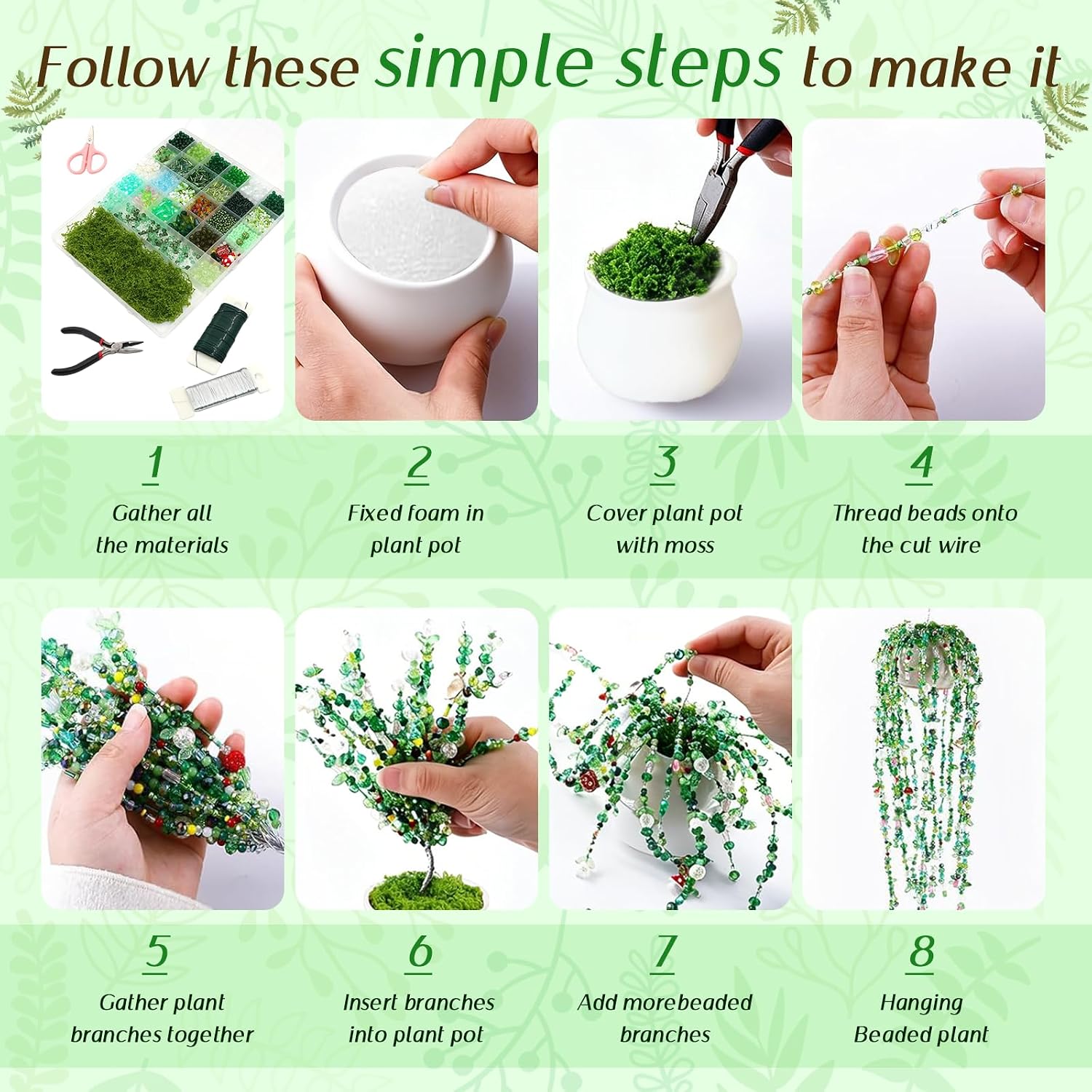 ZYNERY 5600pcs Beaded Plant Kit, Green Glass Beads, with A Full Set of Tools Green Beads Kit Glass for Making Succulent
