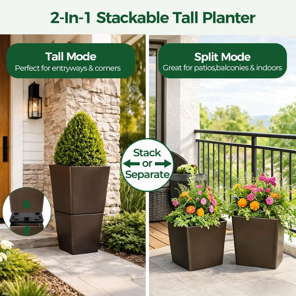 T4U Tall Planter for Outdoor Plants 2 Pack, Large Plastic Pots Brown | Patio porch deck use, Stackable design with
