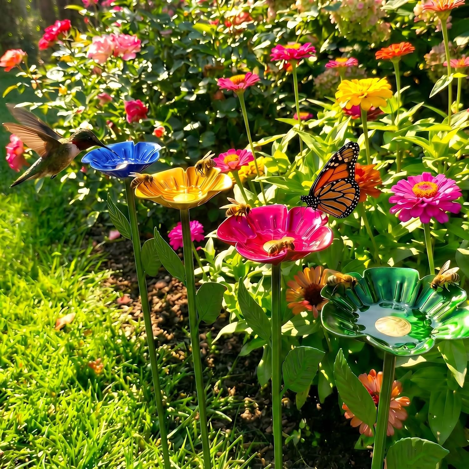 Bee Watering Station for Garden,Metal Bee Bath with Flower Design,Colorful Pollinator Watering Station,4-Pack
