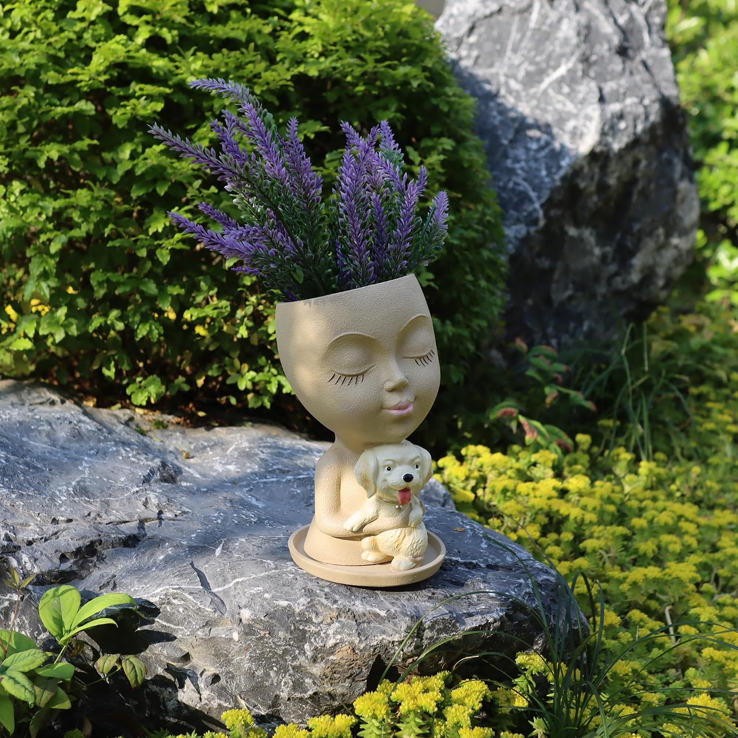 Dolkgy Cute Face Planter with Dog Head Planters Pot for Indoor Outdoor Plants, Succulent Flower Pot with Drainage Tray